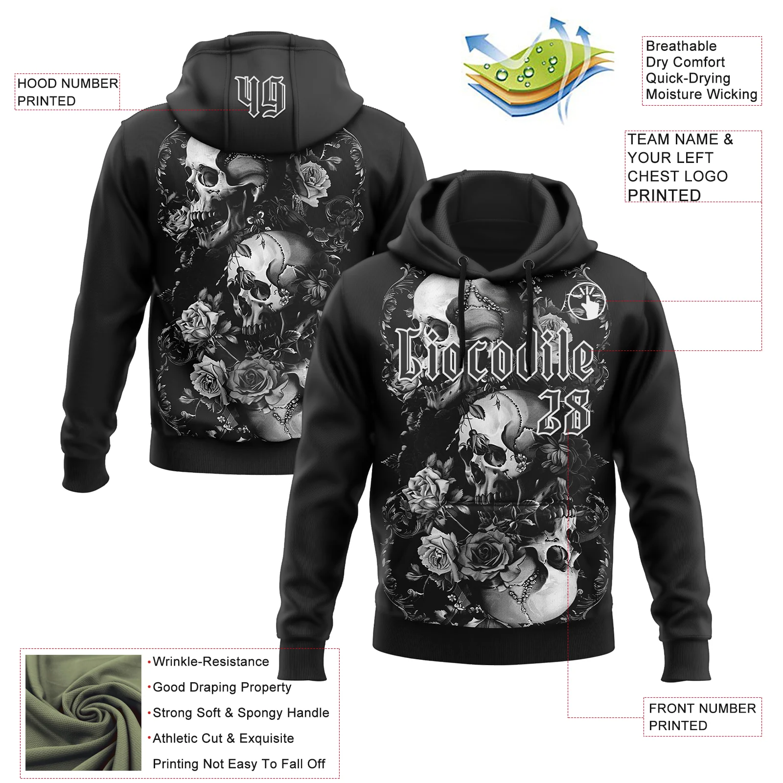 Custom Black White 3D Skull Roses Gothic Vintage Grunge Art Sports Pullover Sweatshirt Hoodie