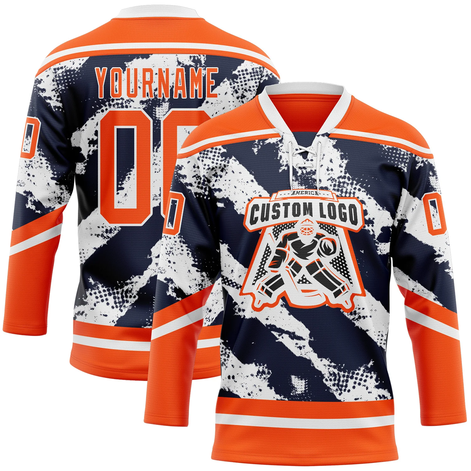 Custom Orange Navy-White 3D Pattern Abstract Edmonton Inspired Splash Hockey Lace Neck Jersey