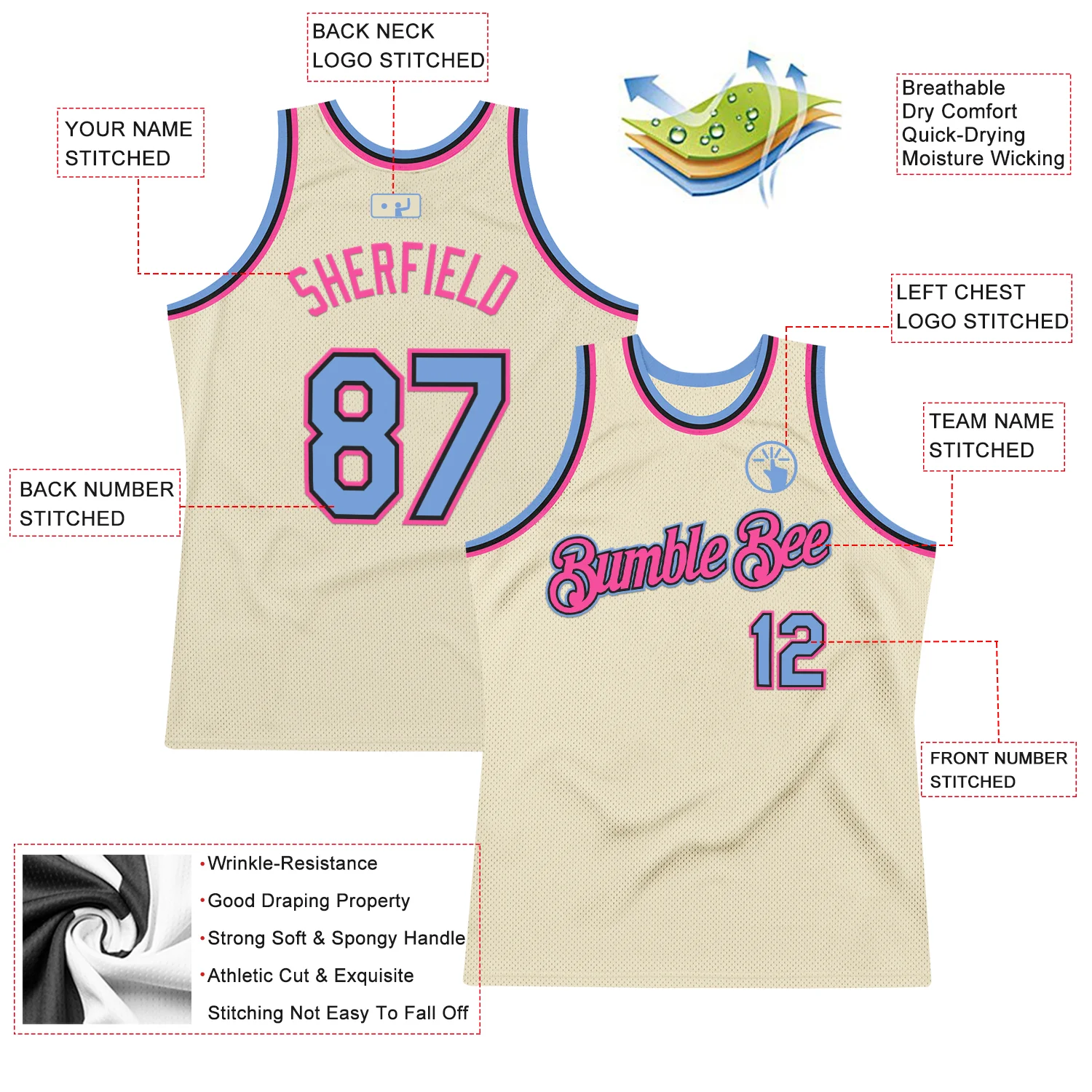 Custom Cream Light Blue Black-Pink Authentic Throwback Basketball Jersey