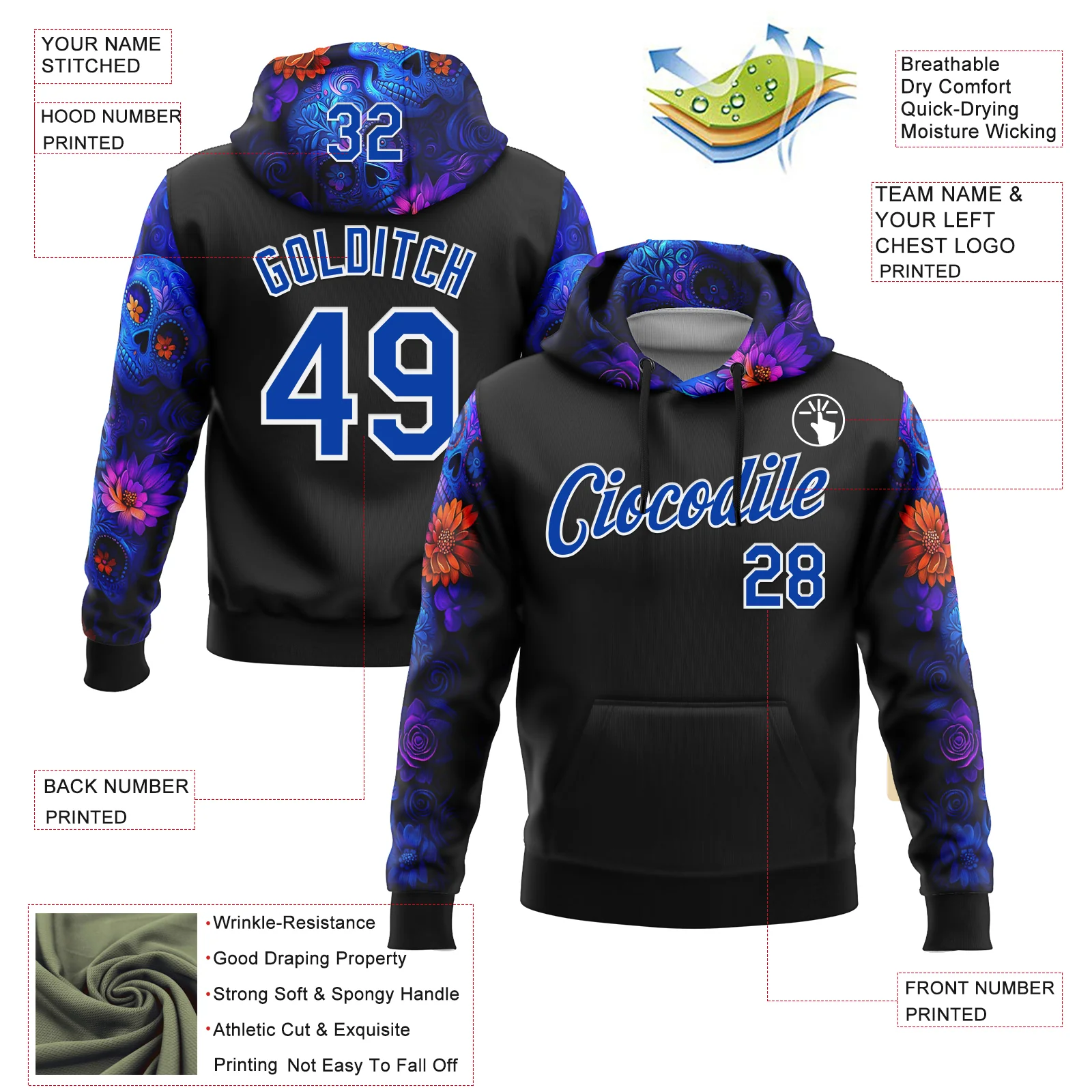 Custom Black Thunder Blue-White 3D Skull Roses Floral Calavera Day Of The Dead Dia de los Muertos Sports Pullover Sweatshirt Hoodie