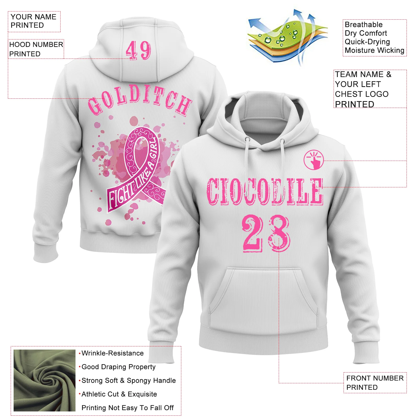 Custom White Pink 3D Breast Cancer World Cancer Day Ribbon Support Sports Pullover Sweatshirt Hoodie