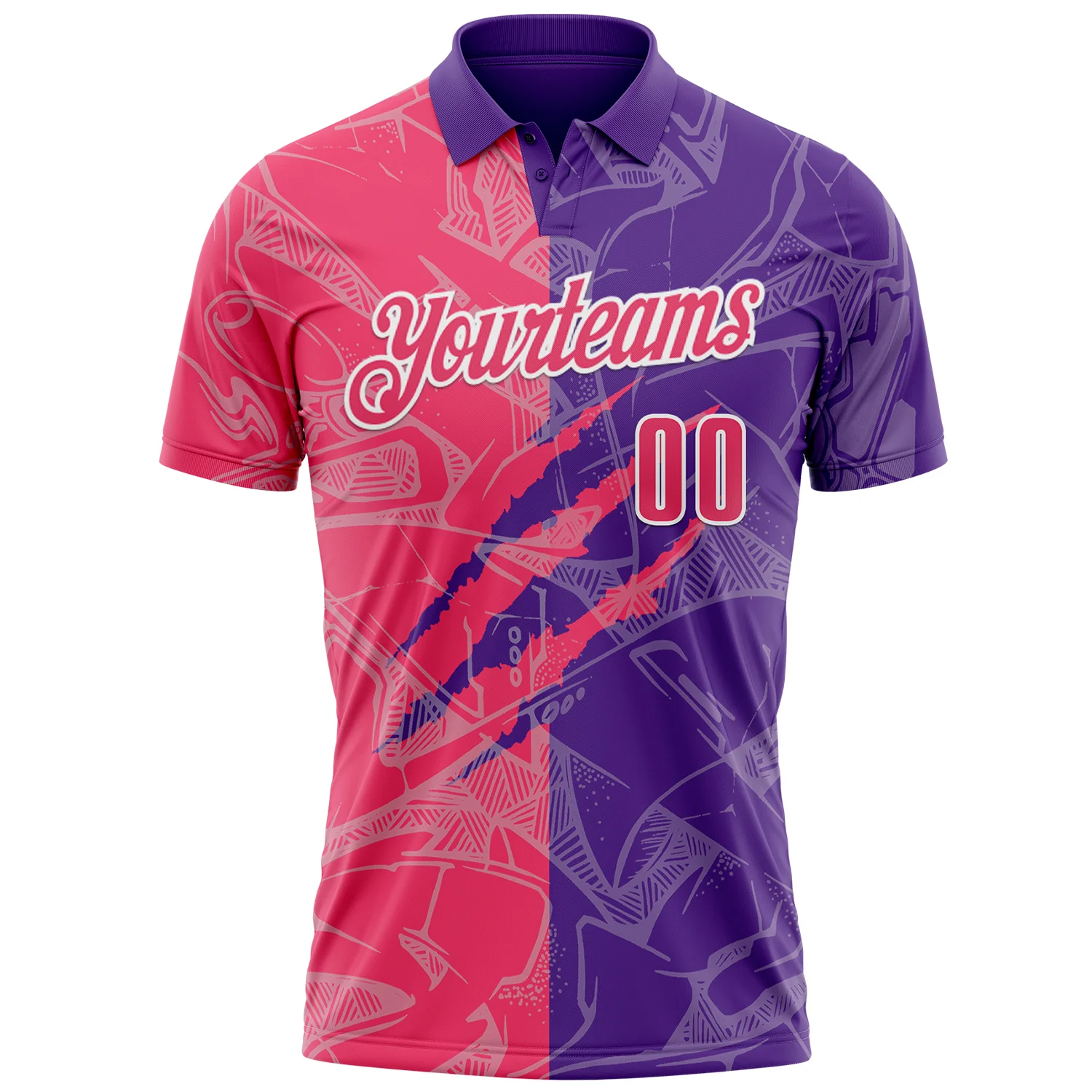 Custom Graffiti Pattern Neon Pink Purple-White 3D Scratch Performance Polo Shirt
