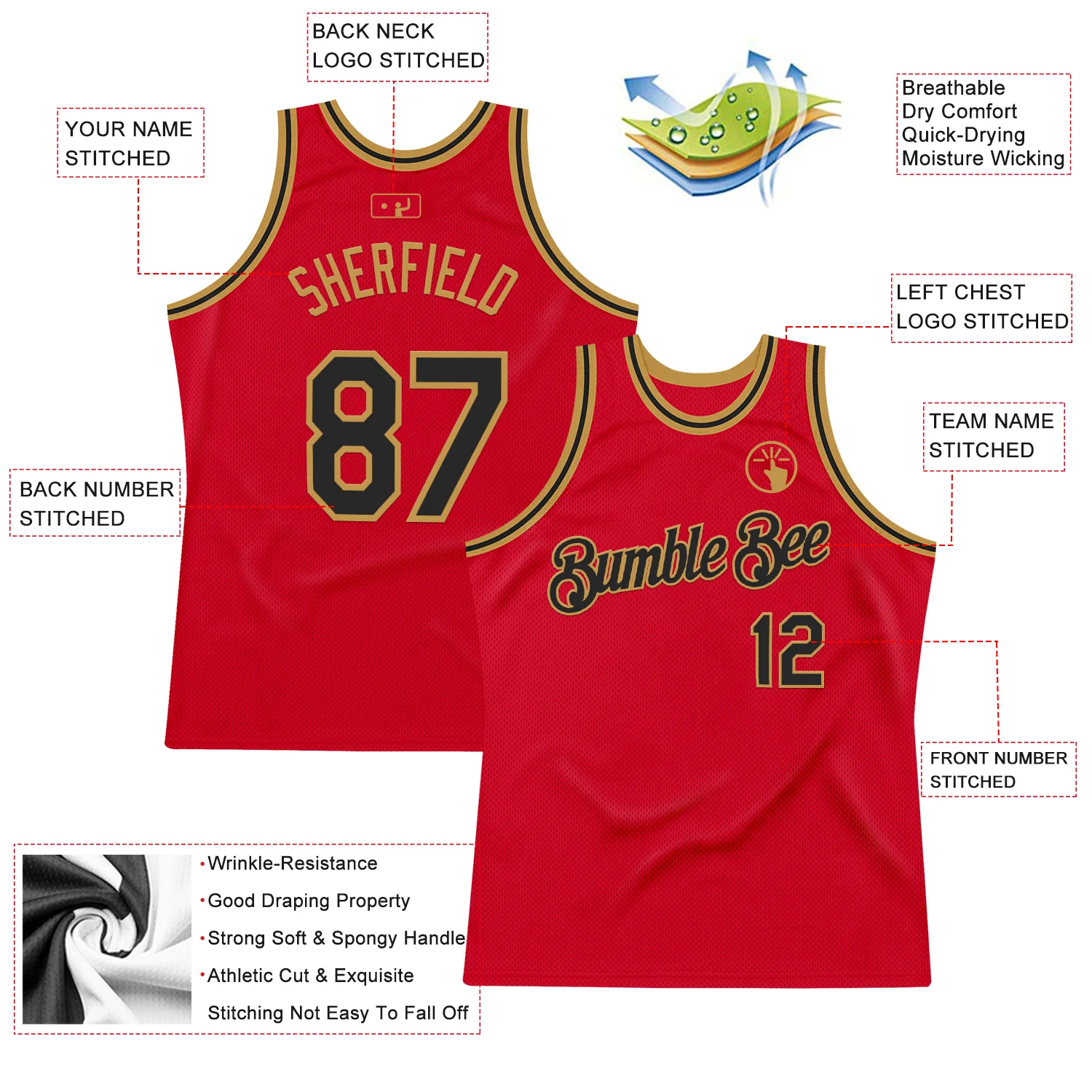 Custom Red Black-Old Gold Authentic Throwback Basketball Jersey
