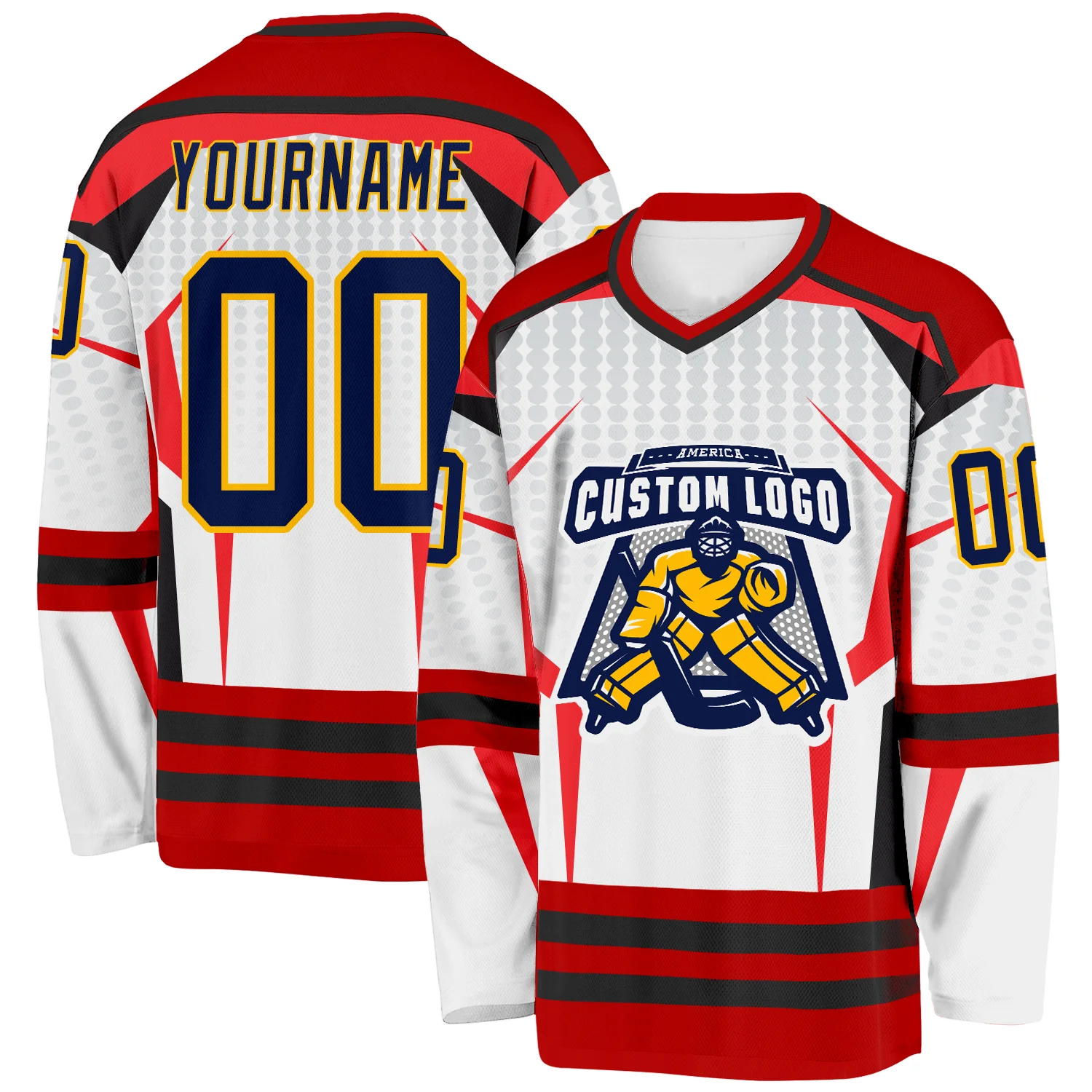 Custom White Navy Red Black-Gold 3D Pattern Cyber Mecha E-sport Hockey Jersey