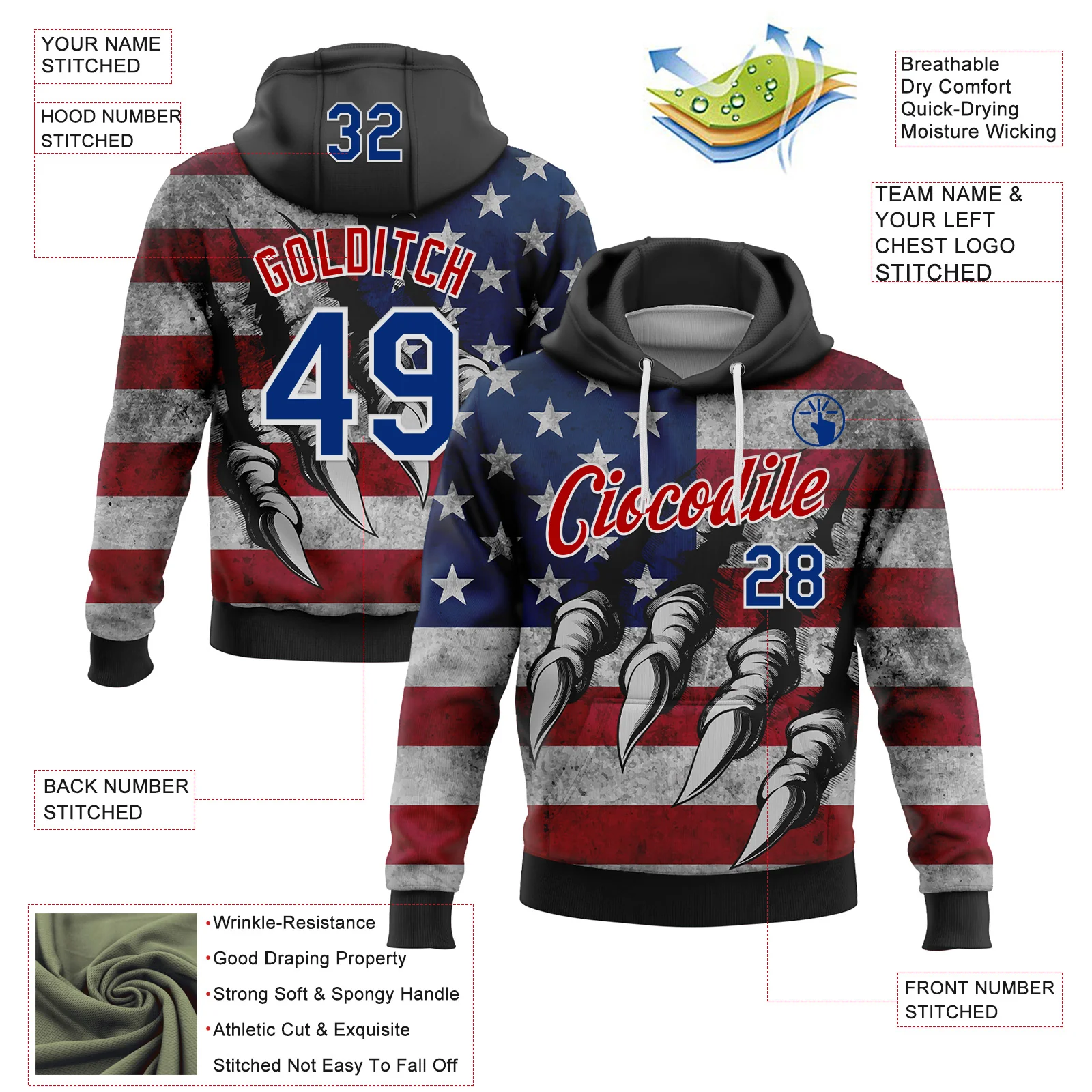 Custom Stitched Black Royal Red-White 3D American Flag Retro Distressed Grunge Sports Pullover Sweatshirt Hoodie