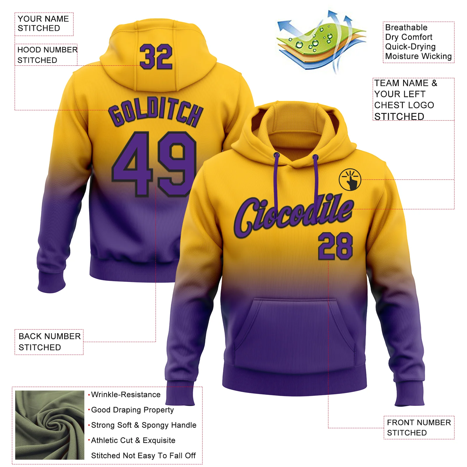 Custom Stitched Gold Purple-Black Fade Fashion Sports Pullover Sweatshirt Hoodie