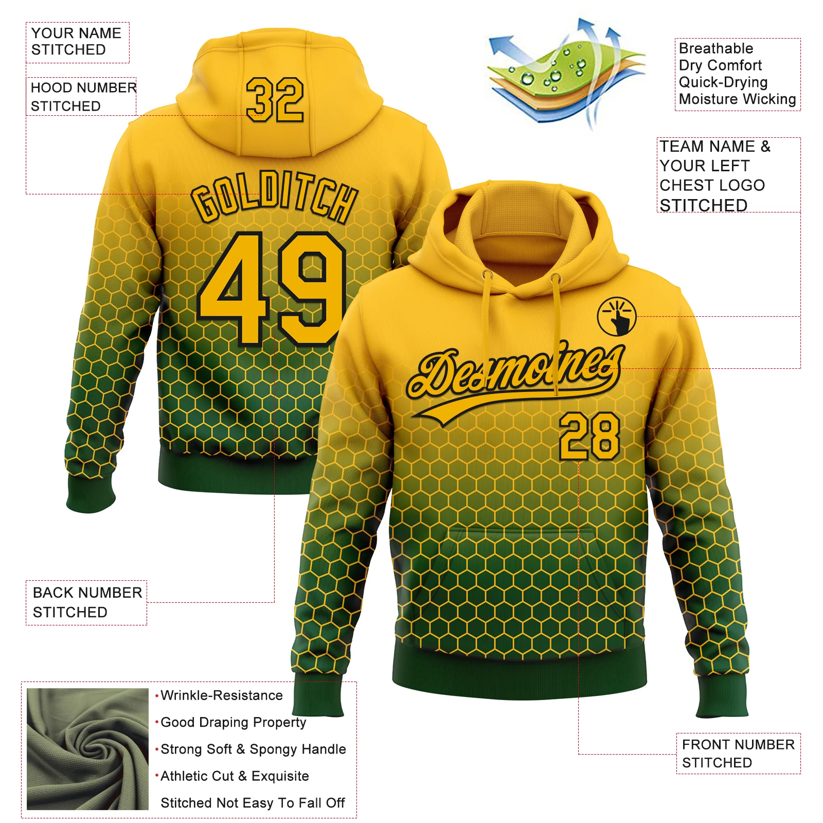 Custom Stitched Green Gold-Black 3D Pattern Design Geometrico Graph Sports Pullover Sweatshirt Hoodie