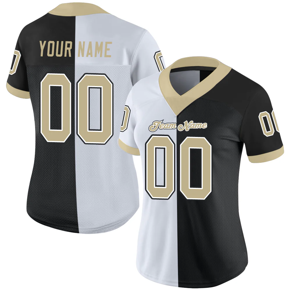 Custom Black Vegas Gold-White Split Fashion Football Jersey