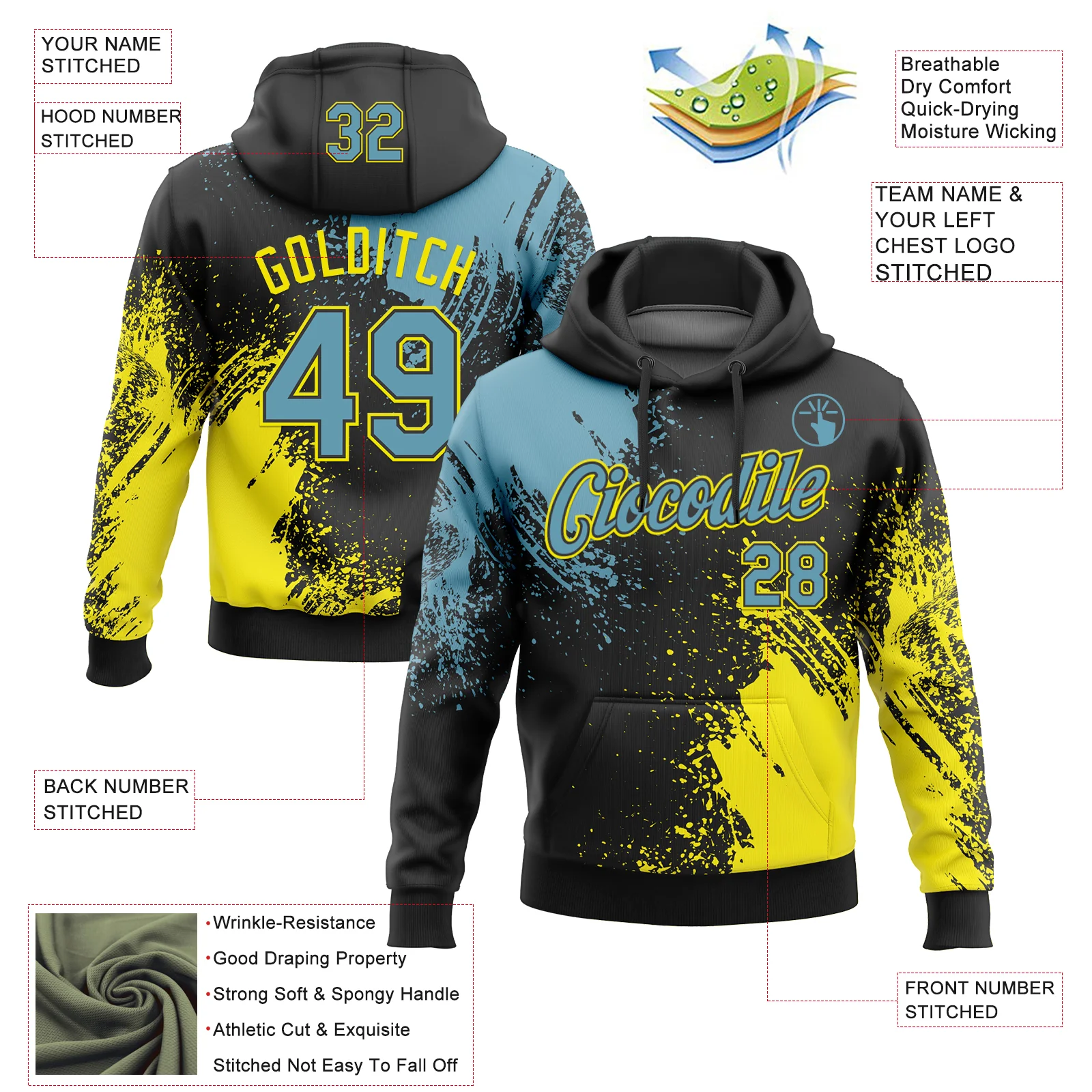 Custom Stitched Black Shadow Blue-Light Yellow 3D Pattern Design Abstract Brush Stroke Sports Pullover Sweatshirt Hoodie