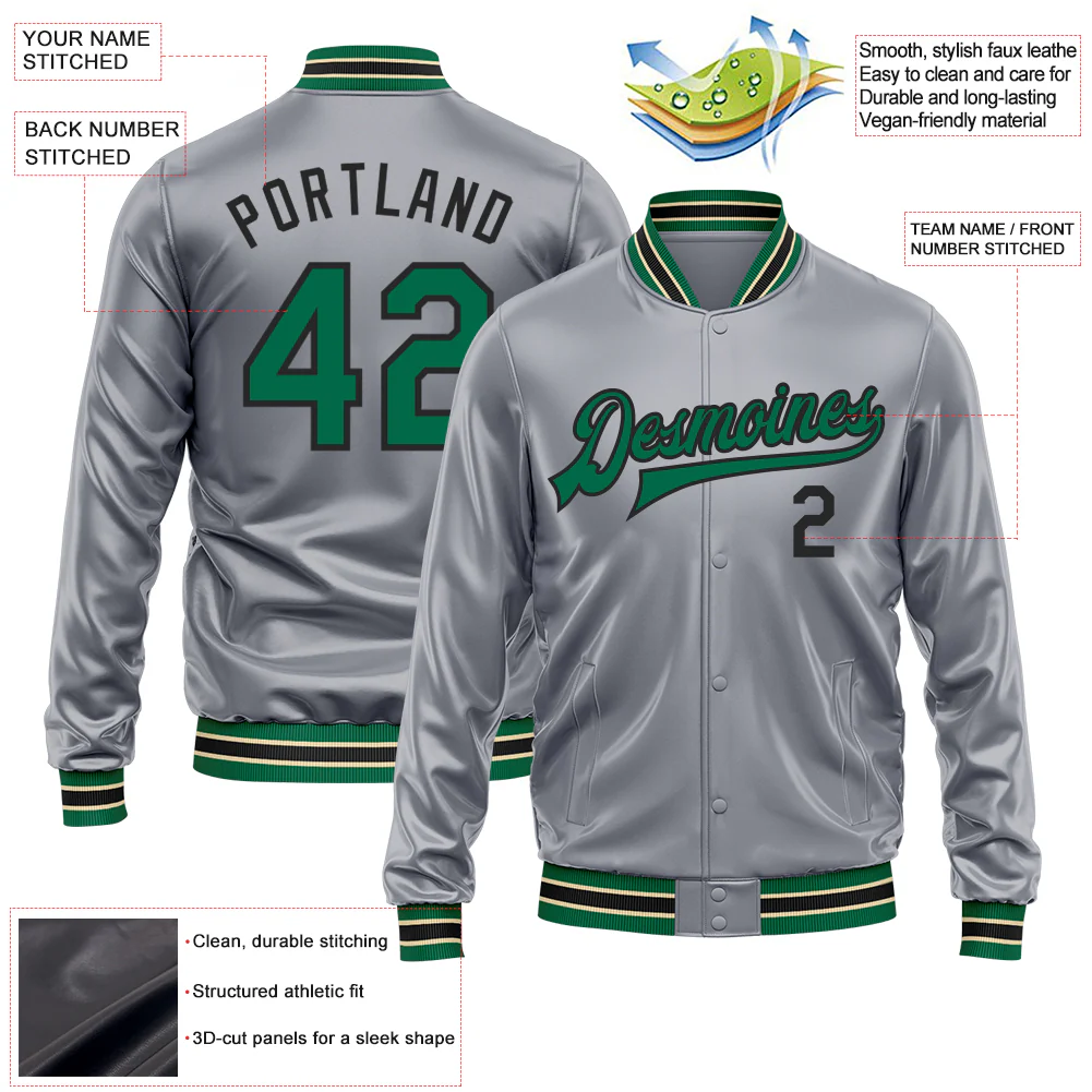 Custom Gray Kelly Green-Black Bomber Full-Snap Varsity Faux Leather Letterman Jacket