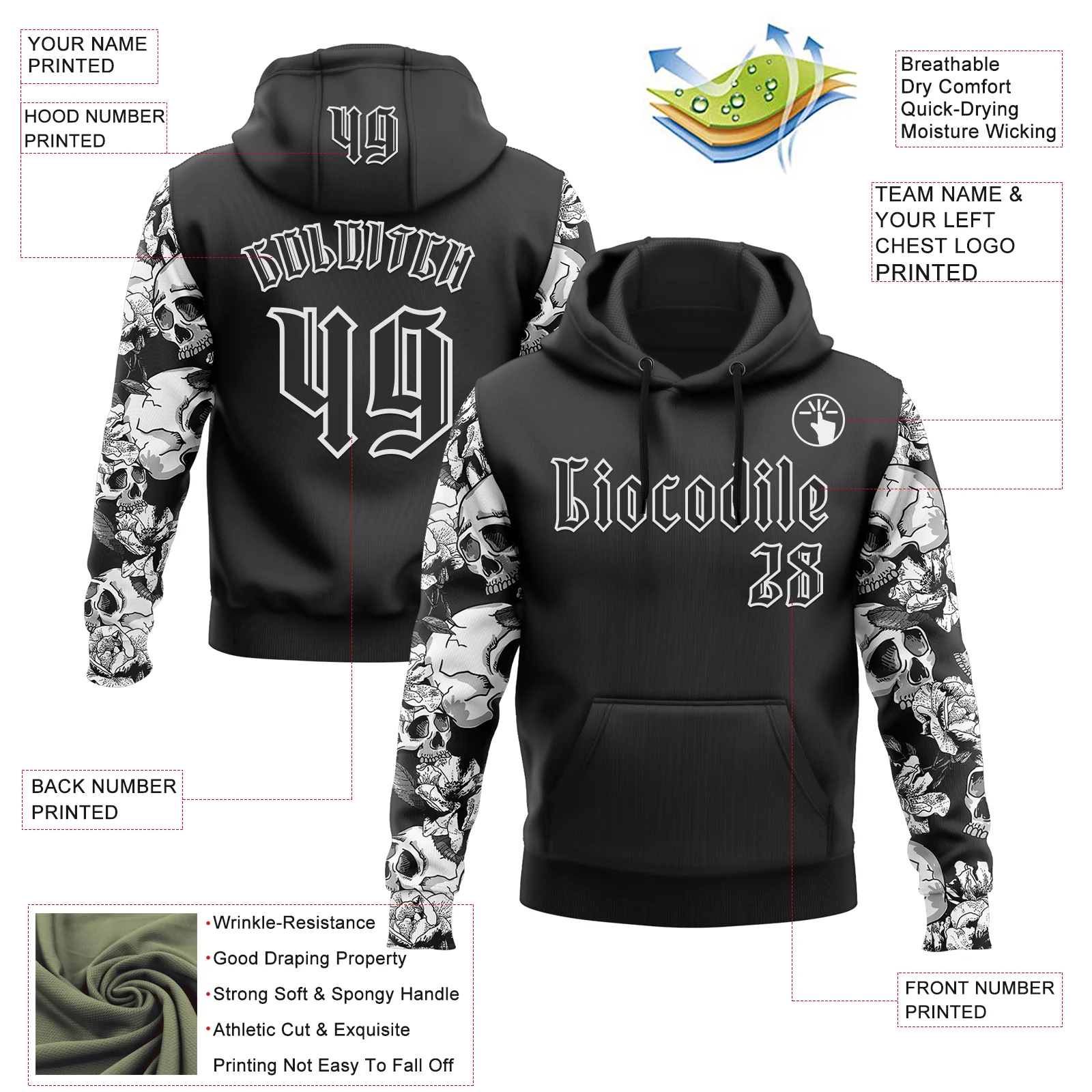 Custom Black White 3D Skull Roses Gothic Sports Pullover Sweatshirt Hoodie