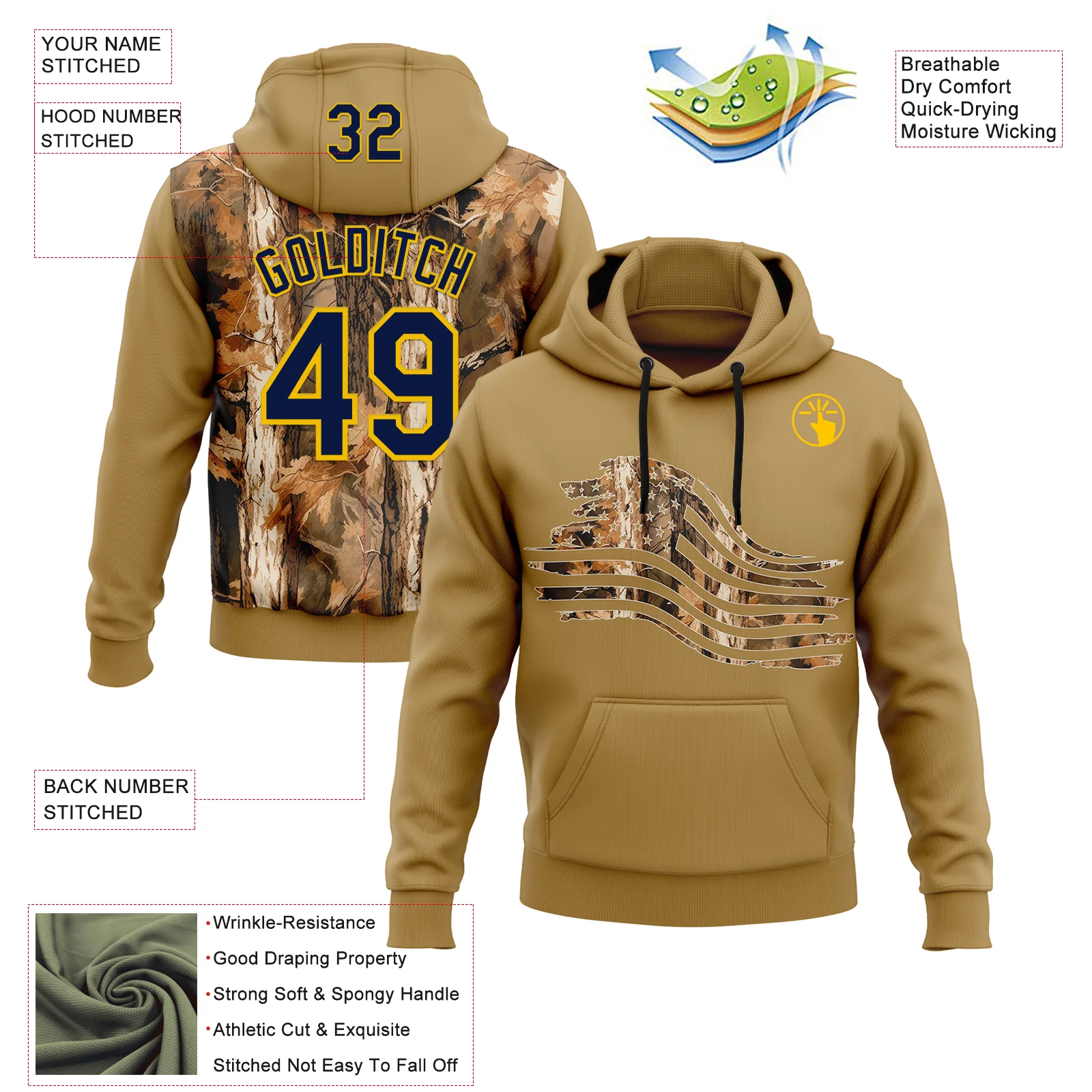 Custom Stitched Old Gold Navy-Yellow 3D Pattern Design Tree Camo American Flag Hunting Sports Pullover Sweatshirt Hoodie