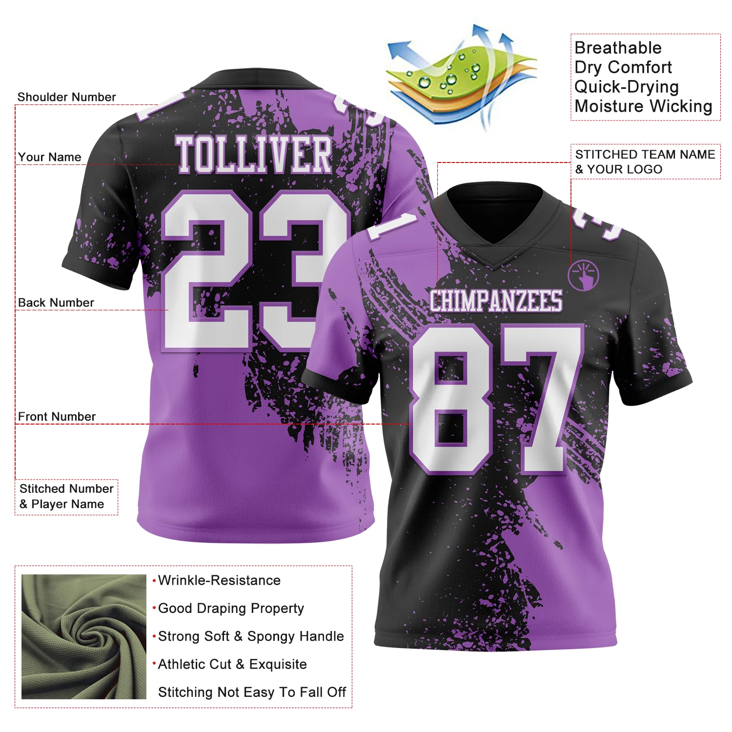 Custom Black White-Medium Purple 3D Pattern Abstract Brush Stroke Authentic Football Jersey