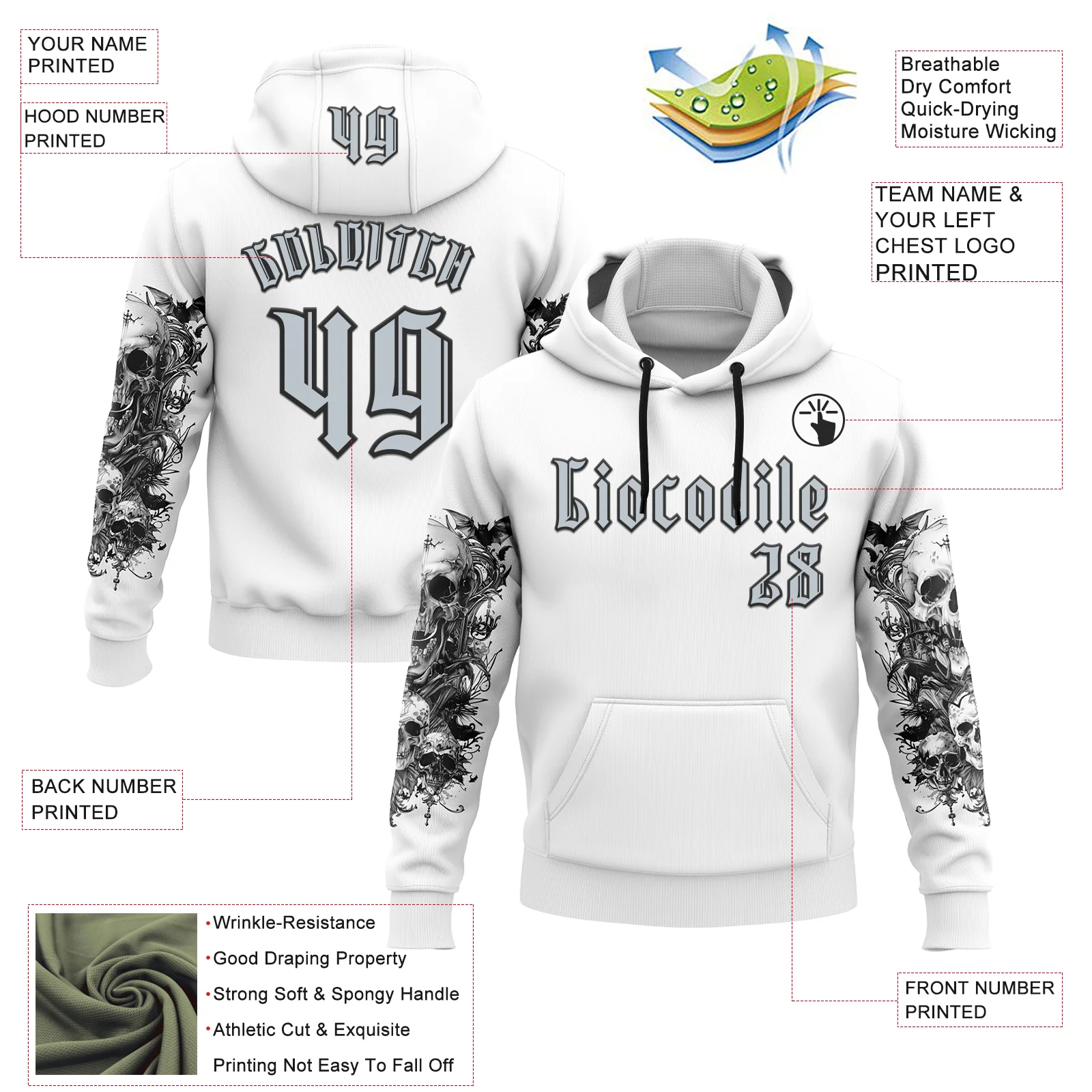 Custom White Silver-Black 3D Skull Gothic Floral Sports Pullover Sweatshirt Hoodie