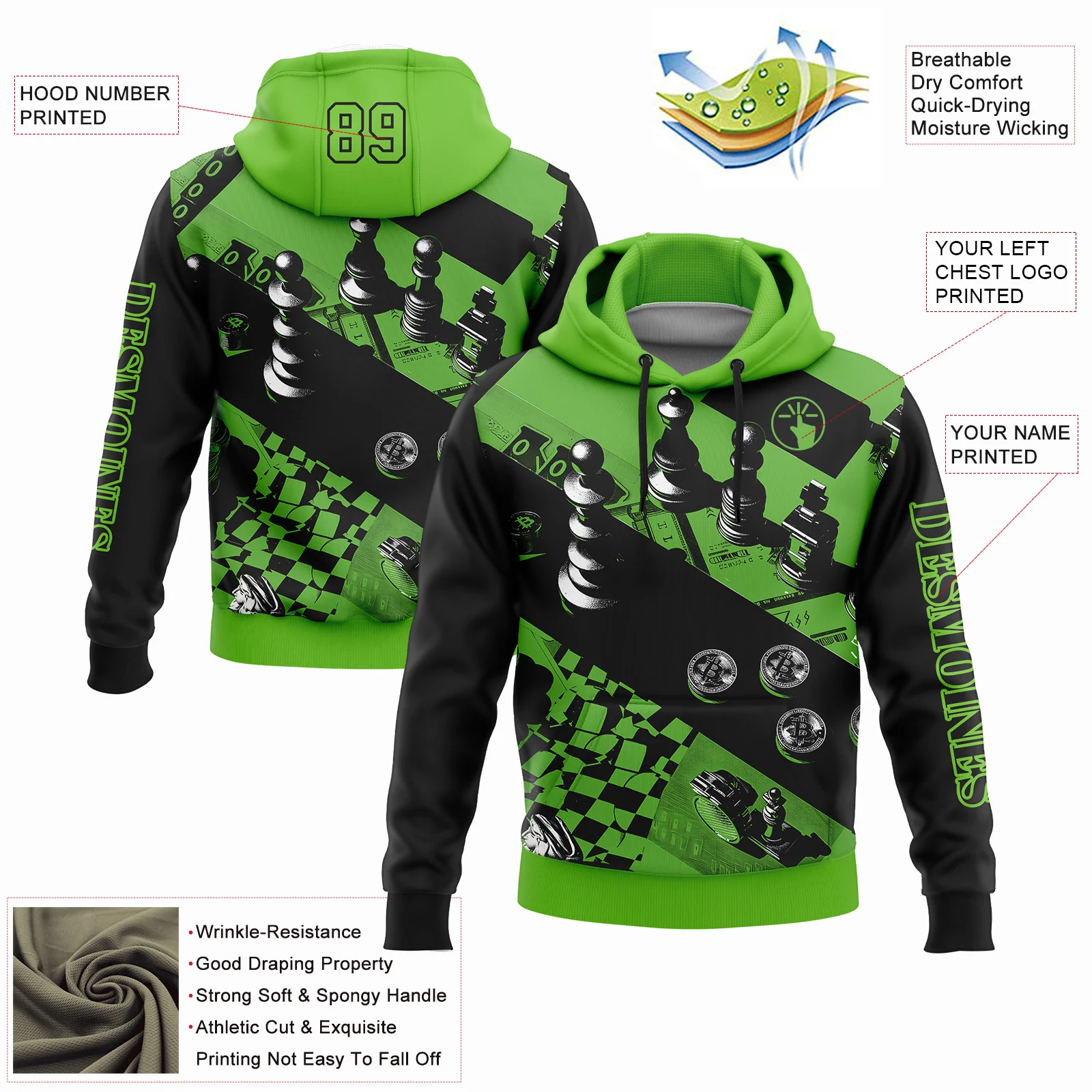 Custom Aurora Green Black 3D Chess International Chess Day Sports Pullover Sweatshirt Hoodie