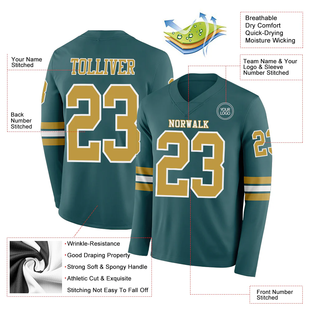 Custom Midnight Green Old Gold-White Long Sleeve Authentic Football Jersey