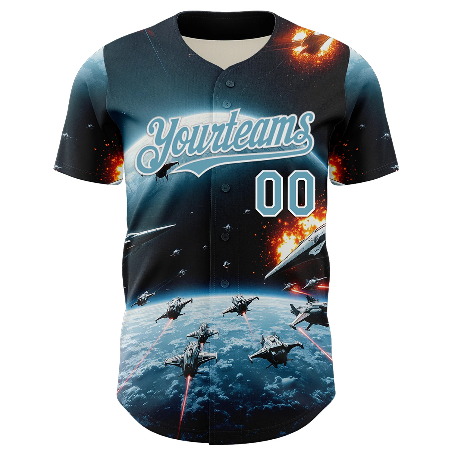 Custom Blue Shadow Blue-White 3D Pattern Design Outer Space Starships Authentic Baseball Jersey