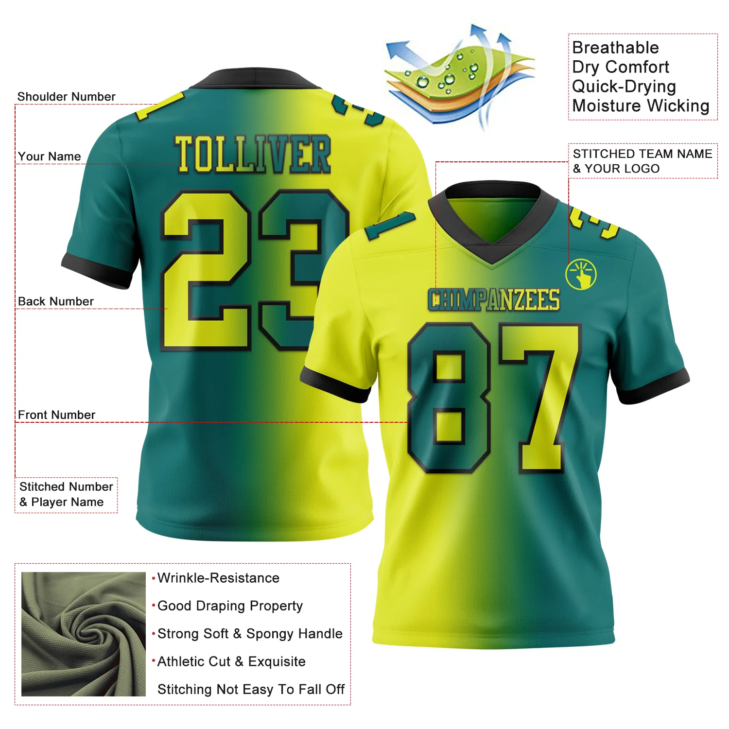 Custom Teal Neon Yellow-Black Authentic Gradient Fashion Football Jersey