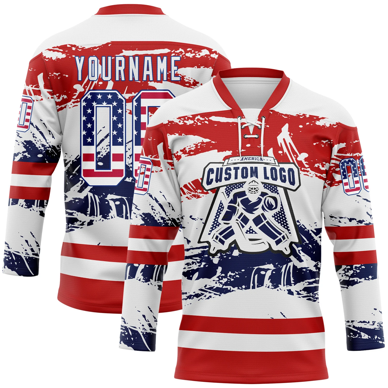 Custom White USA Flag Red-Royal 3D Pattern Abstract Splatter Paint Hockey Lace Neck Jersey