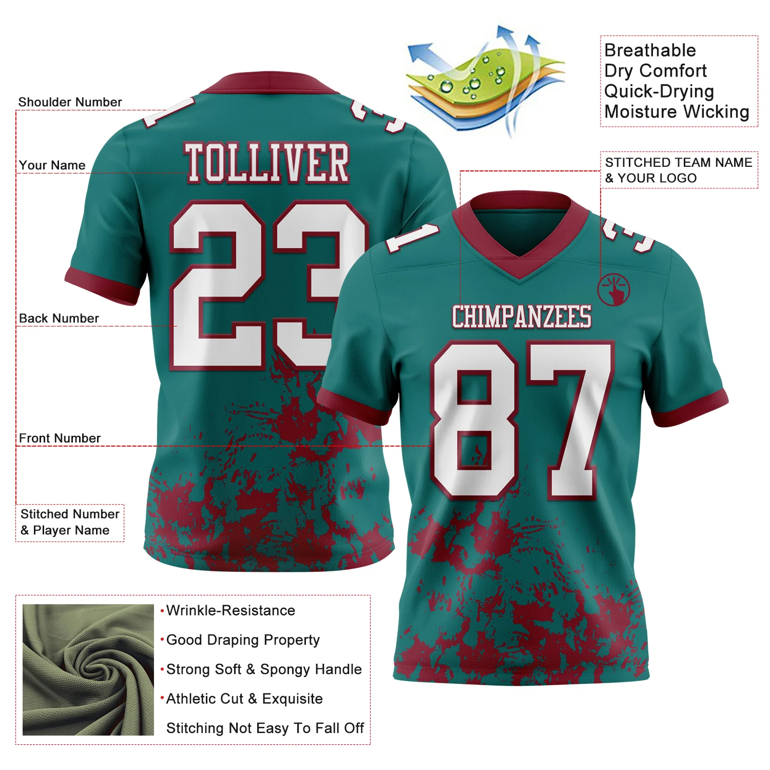 Custom Teal White-Crimson 3D Pattern Splash Authentic Football Jersey
