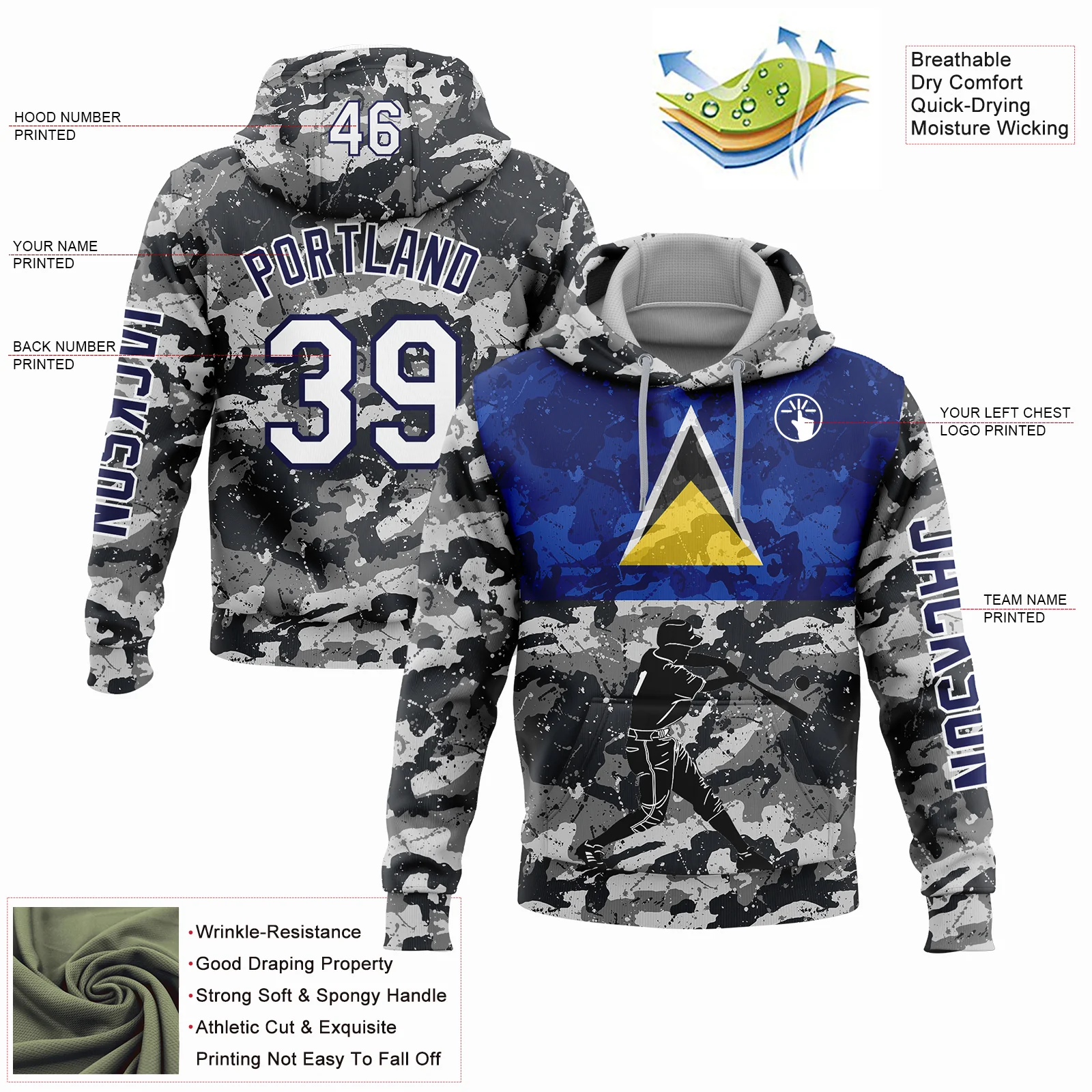 Custom Camo White-Navy 3D Saint Lucia Saint Lucian Flag Sports Pullover Sweatshirt Salute To Service Hoodie