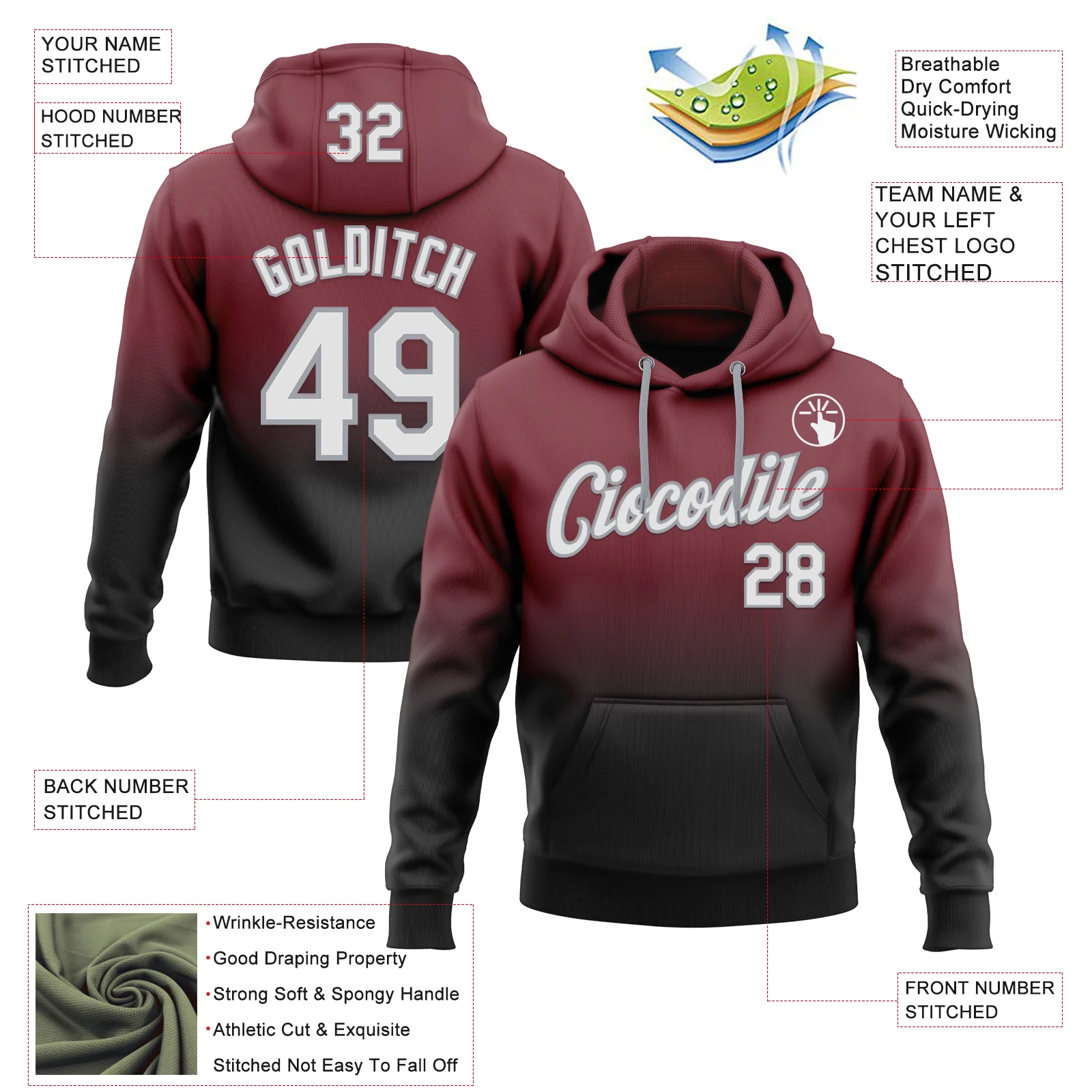 Custom Stitched Burgundy White Black-Gray Fade Fashion Sports Pullover Sweatshirt Hoodie