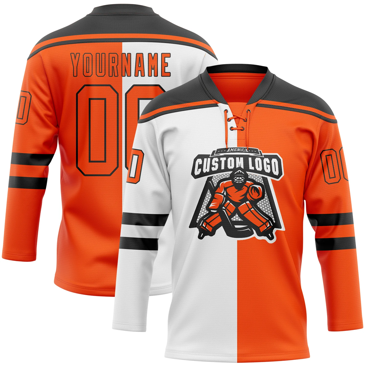Custom Orange Black-White Split Fashion Hockey Lace Neck Jersey