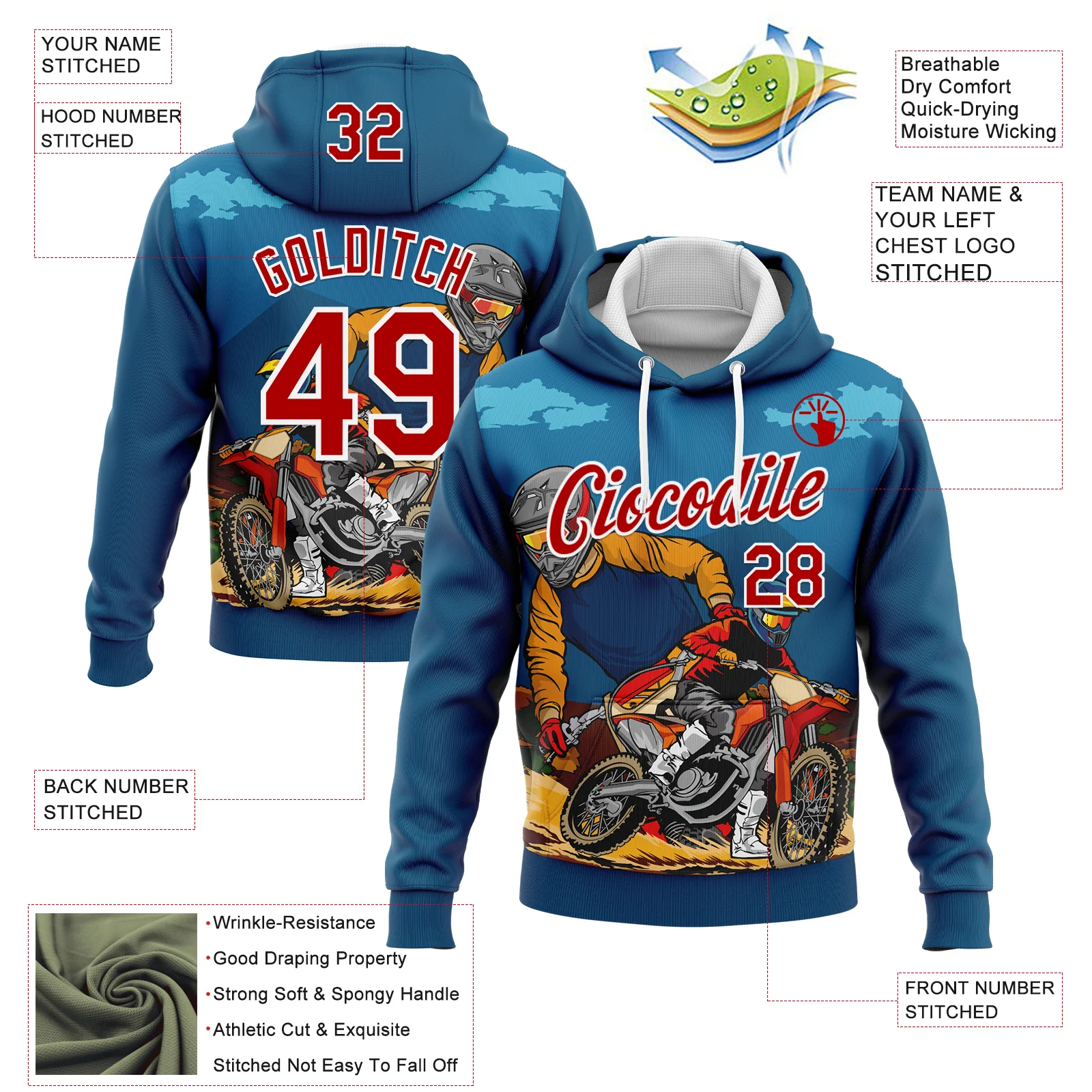 Custom Stitched Blue Red-White 3D Pattern Design Motorcycle Motocross Racing Sports Pullover Sweatshirt Hoodie
