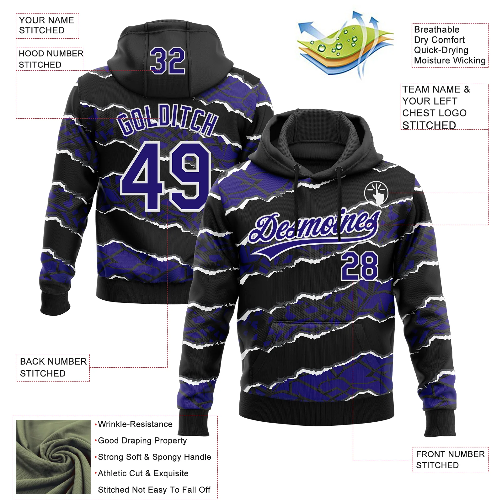 Custom Stitched Black Dark Purple-White 3D Pattern Design Torn Paper Style Sports Pullover Sweatshirt Hoodie