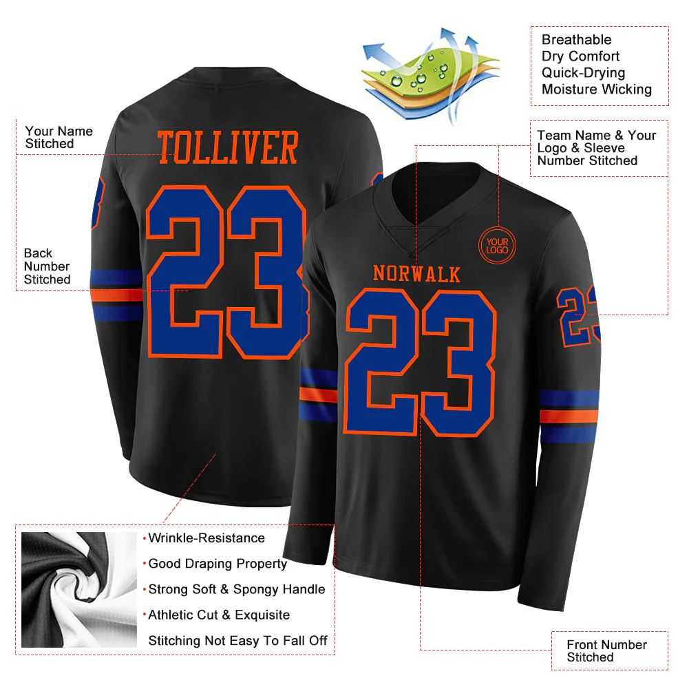 Custom Black Royal-Orange Long Sleeve Authentic Football Jersey