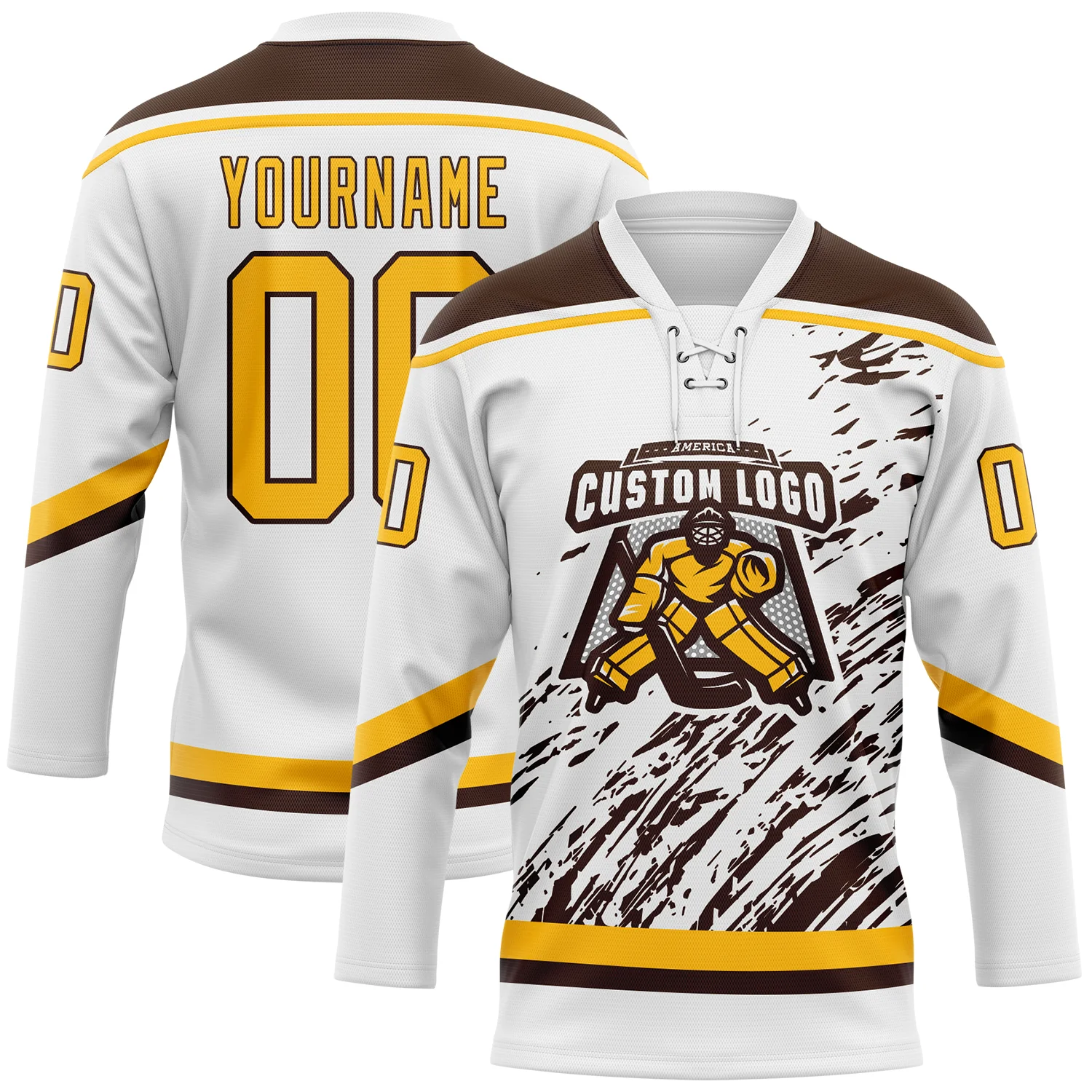 Custom White Gold-Brown 3D Splash Art Hockey Lace Neck Jersey
