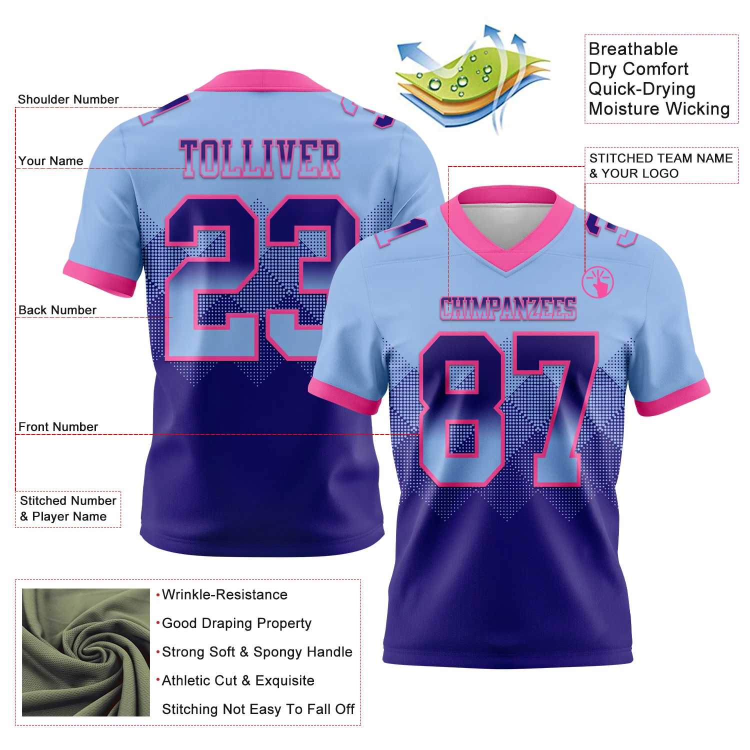 Custom Light Blue Dark Purple-Pink Authentic Gradient Square Shape Flag Football Jersey