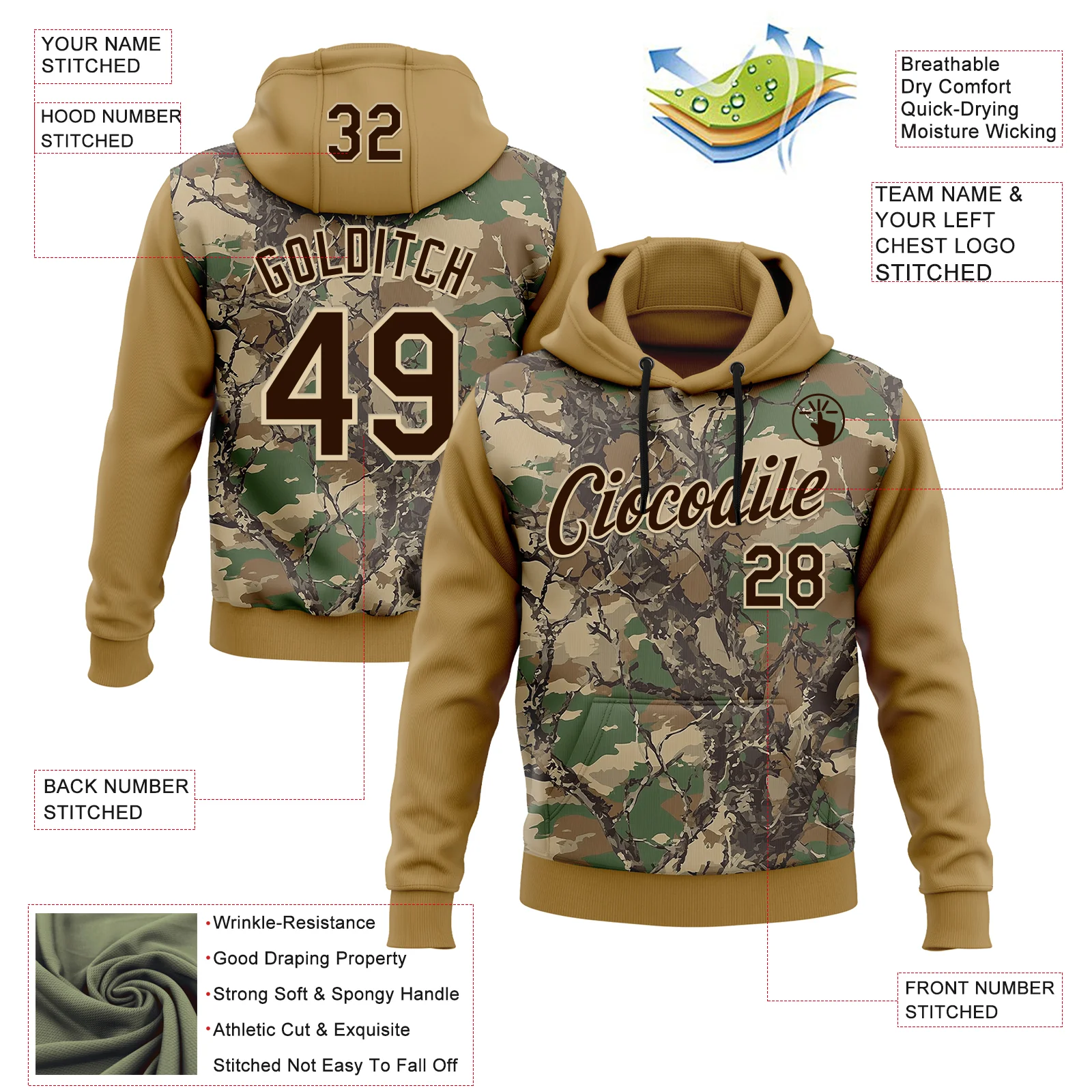 Custom Stitched Old Gold Brown-Cream 3D Pattern Design Tree Camo Hunting Sports Pullover Sweatshirt Hoodie