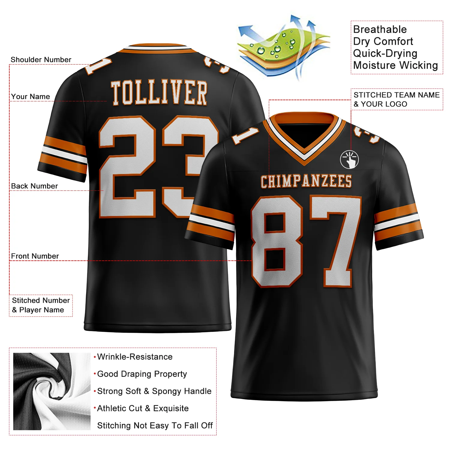 Custom Black White-Texas Orange Authentic Football Jersey