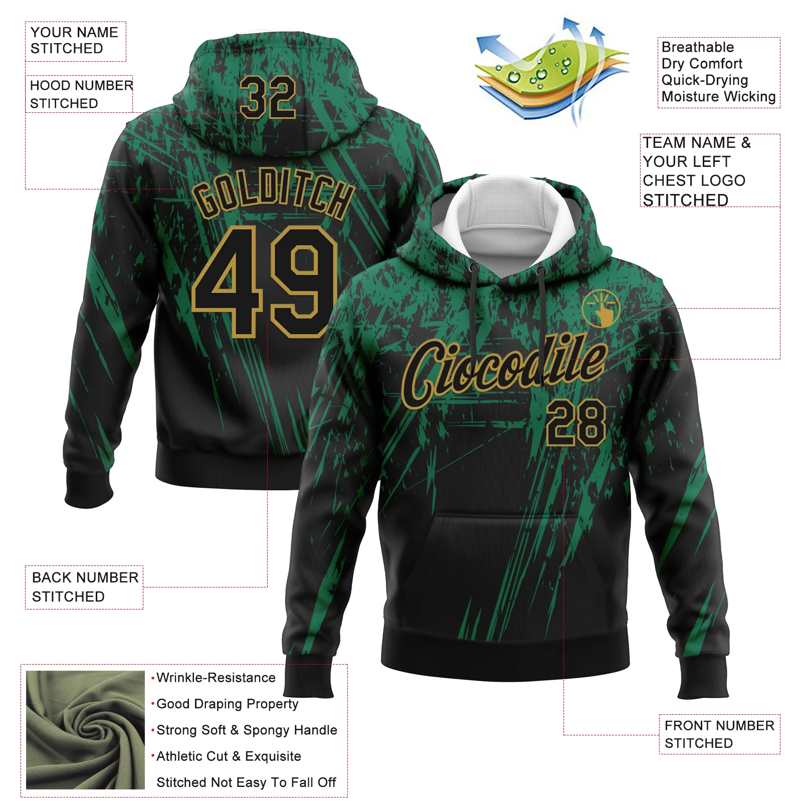 Custom Stitched Black Kelly Green-Old Gold 3D Pattern Design Splash Grunge Art Sports Pullover Sweatshirt Hoodie