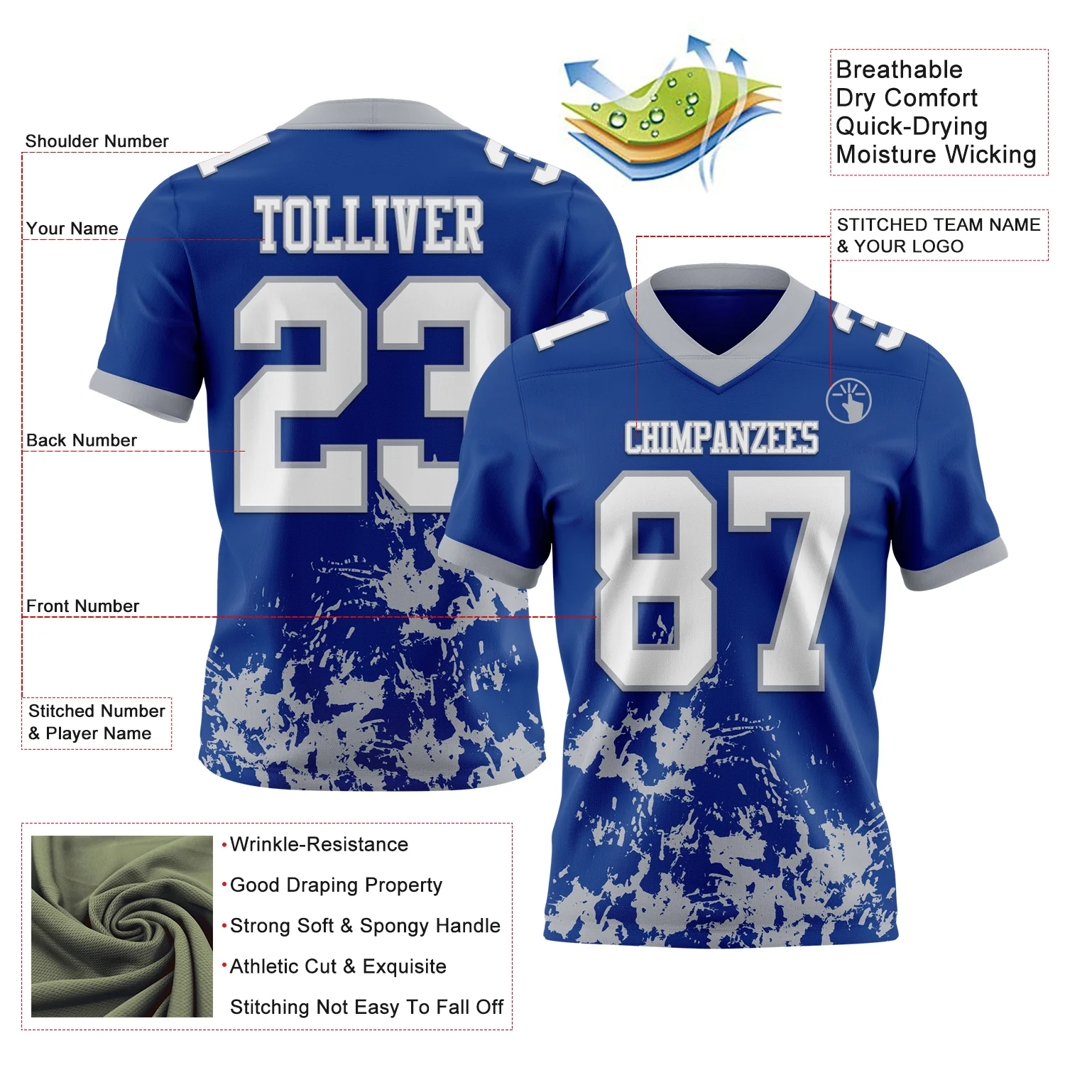 Custom Royal White-Gray 3D Pattern Splash Authentic Football Jersey