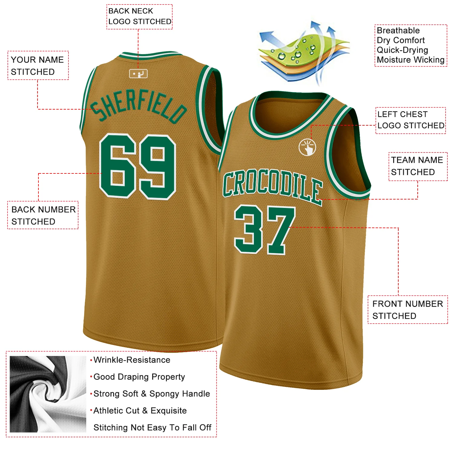 Custom Old Gold Kelly Green-White Authentic Basketball Jersey