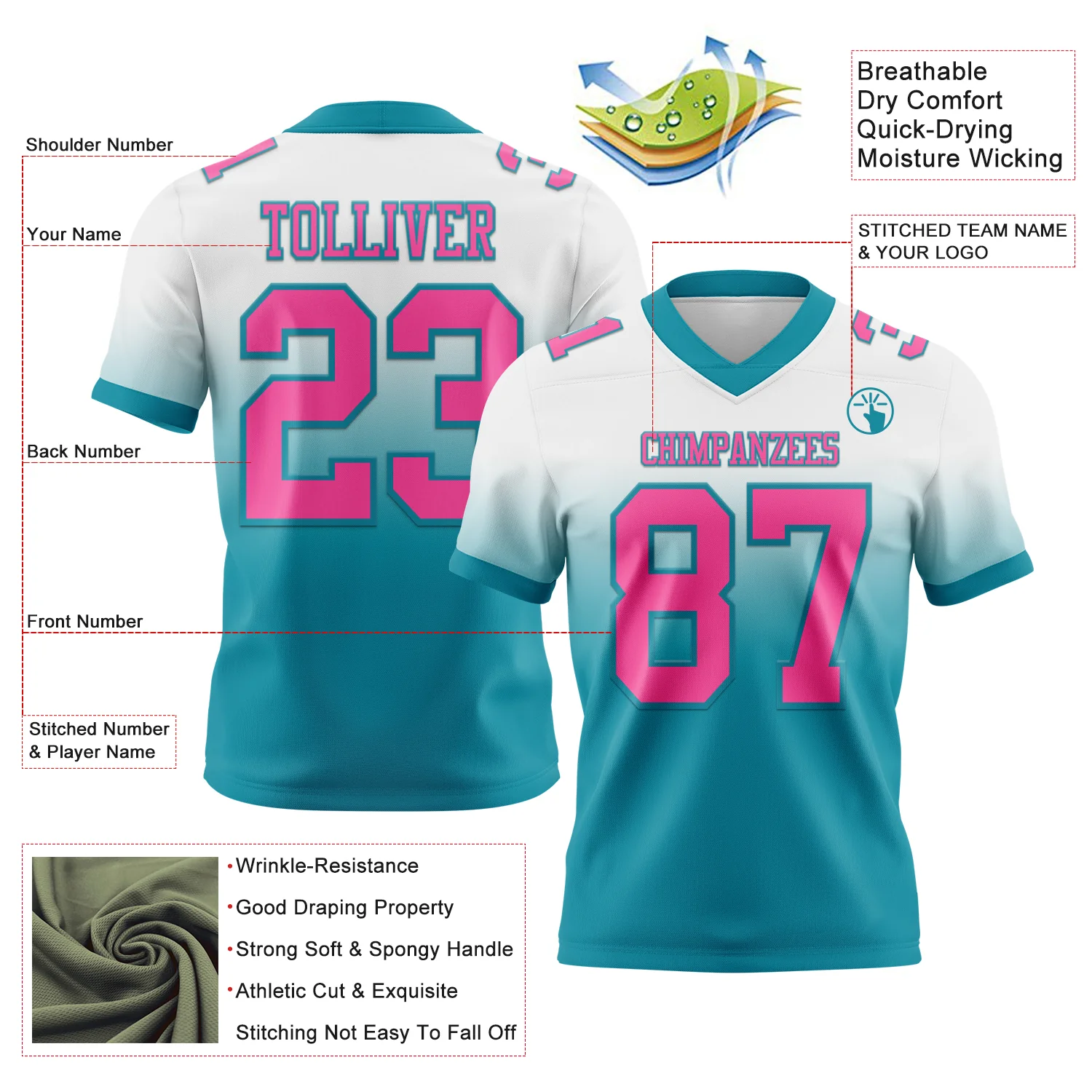 Custom White Pink-Teal Authentic Fade Fashion Football Jersey