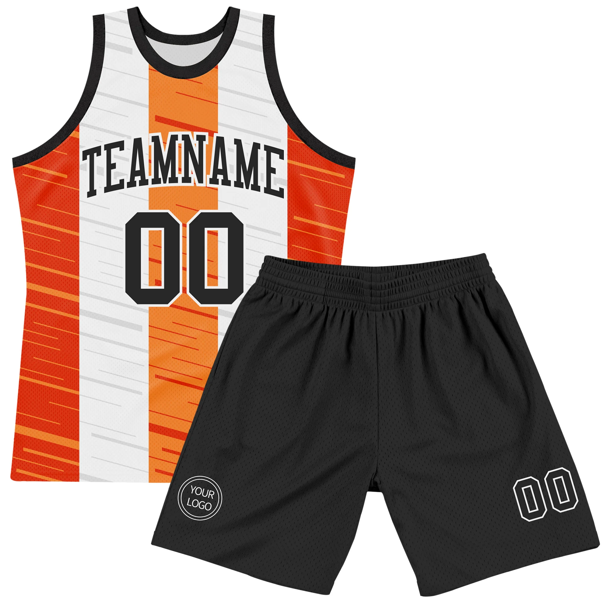 Custom White Black-Orange Line Round Neck Sublimation Basketball Suit Jersey