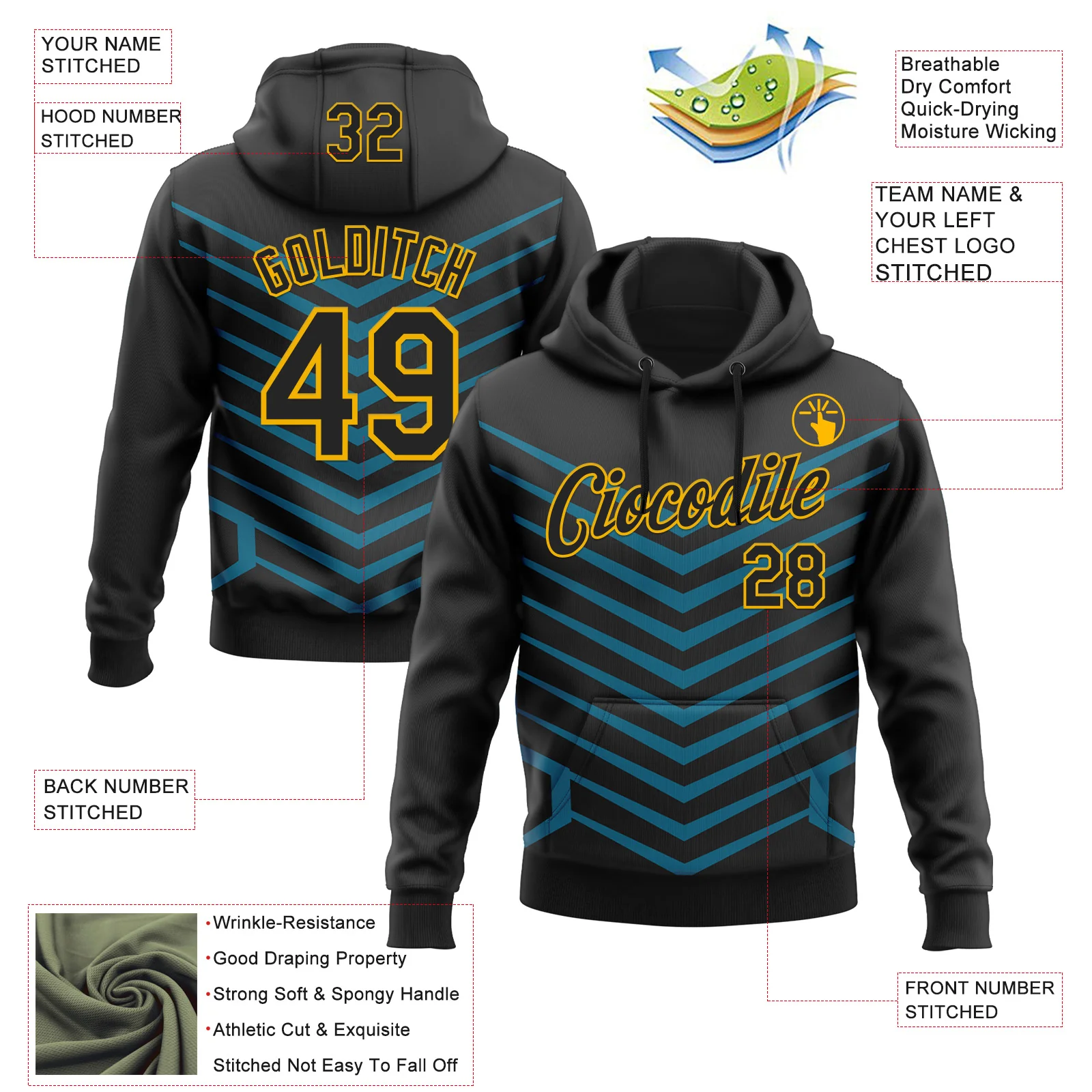 Custom Stitched Black Blue-Gold 3D Pattern Design Sportswear Pullover Sweatshirt Hoodie