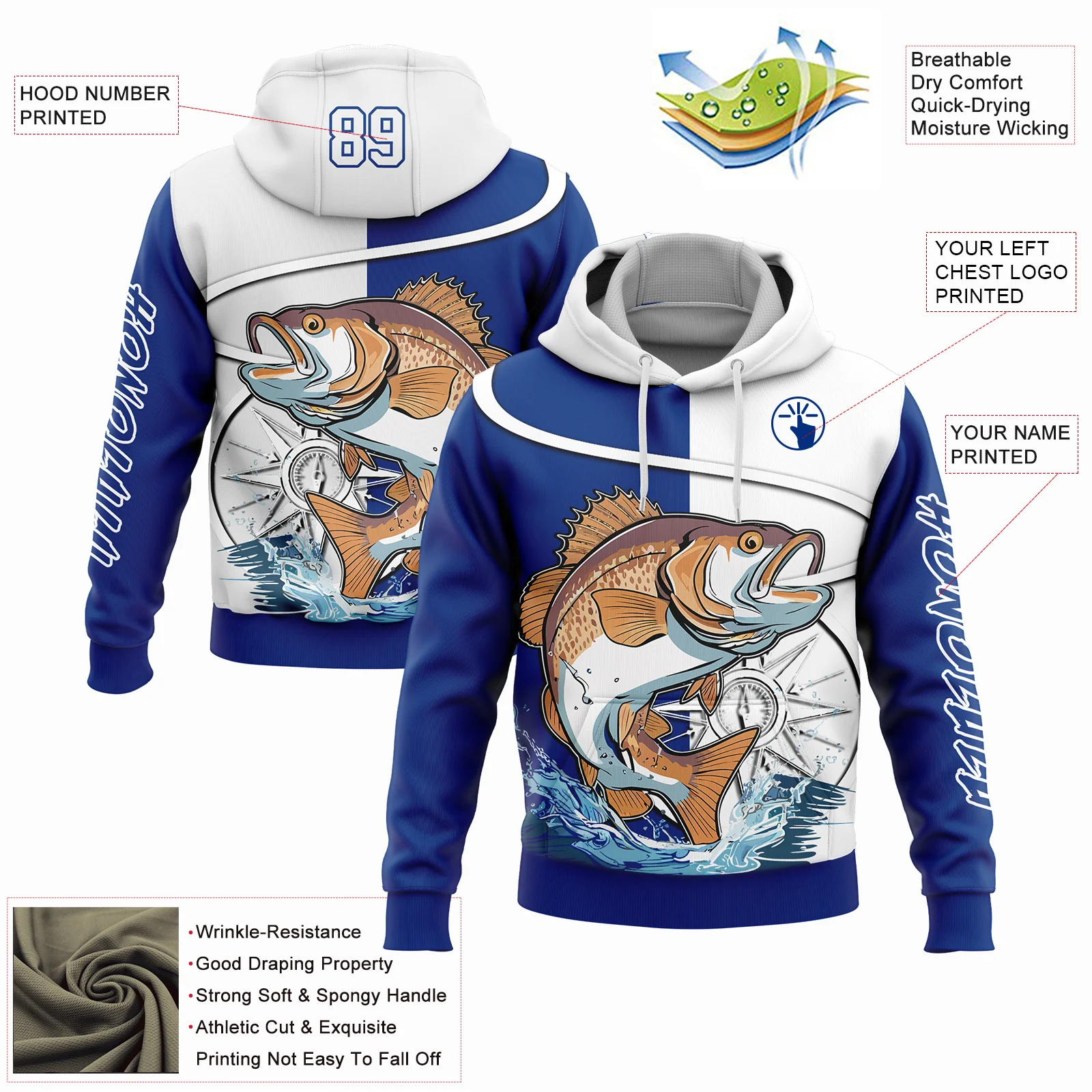 Custom Thunder Blue White 3D Largemouth Bass Fish Fishing Sports Pullover Sweatshirt Hoodie