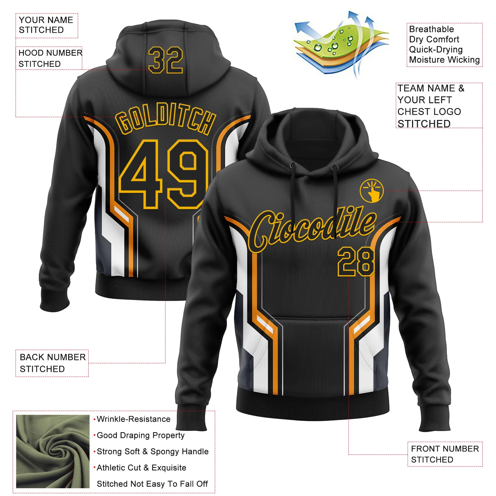 Custom Stitched Black Orange White-Gold 3D Pattern Design Sportswear Pullover Sweatshirt Hoodie