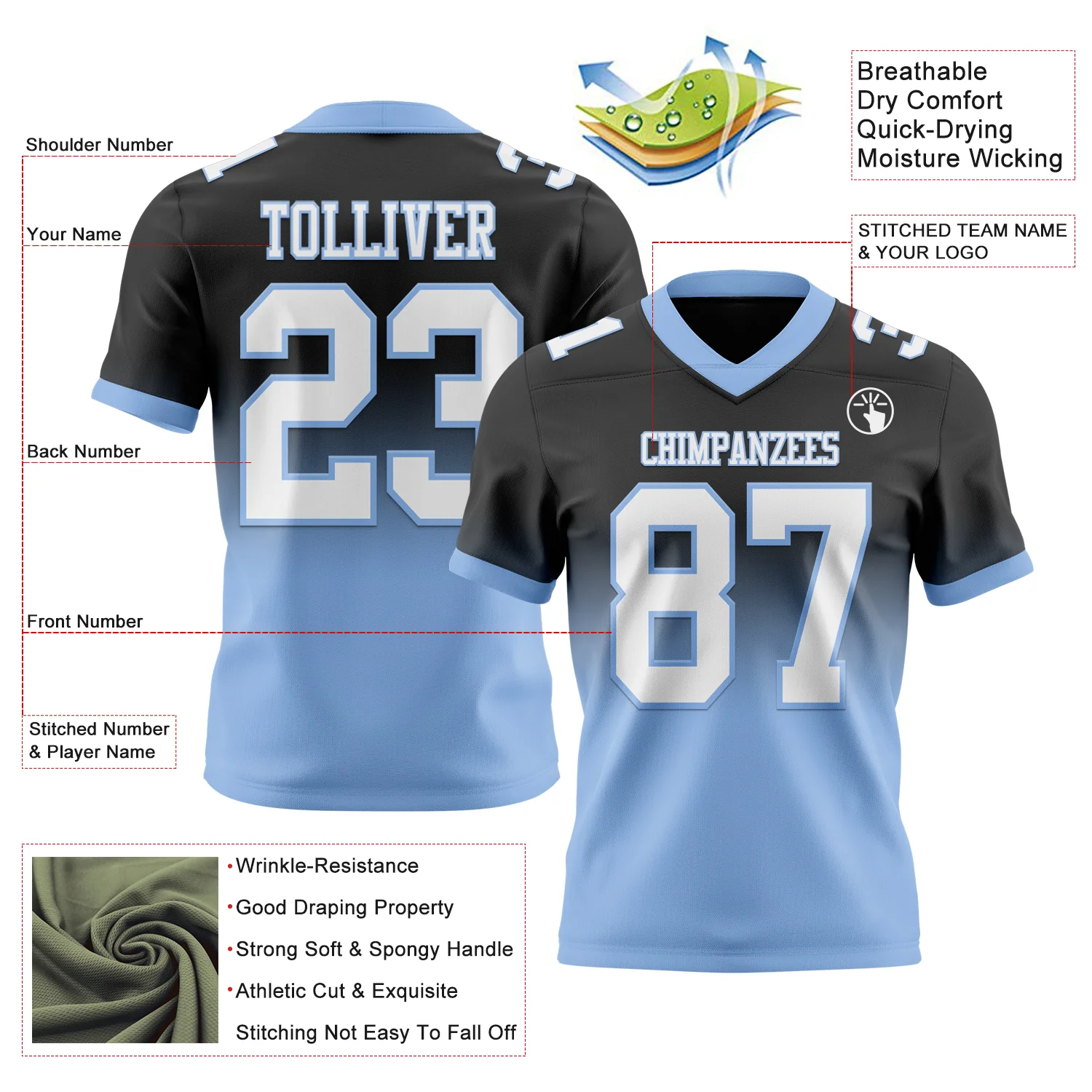 Custom Black White-Light Blue Authentic Fade Fashion Football Jersey
