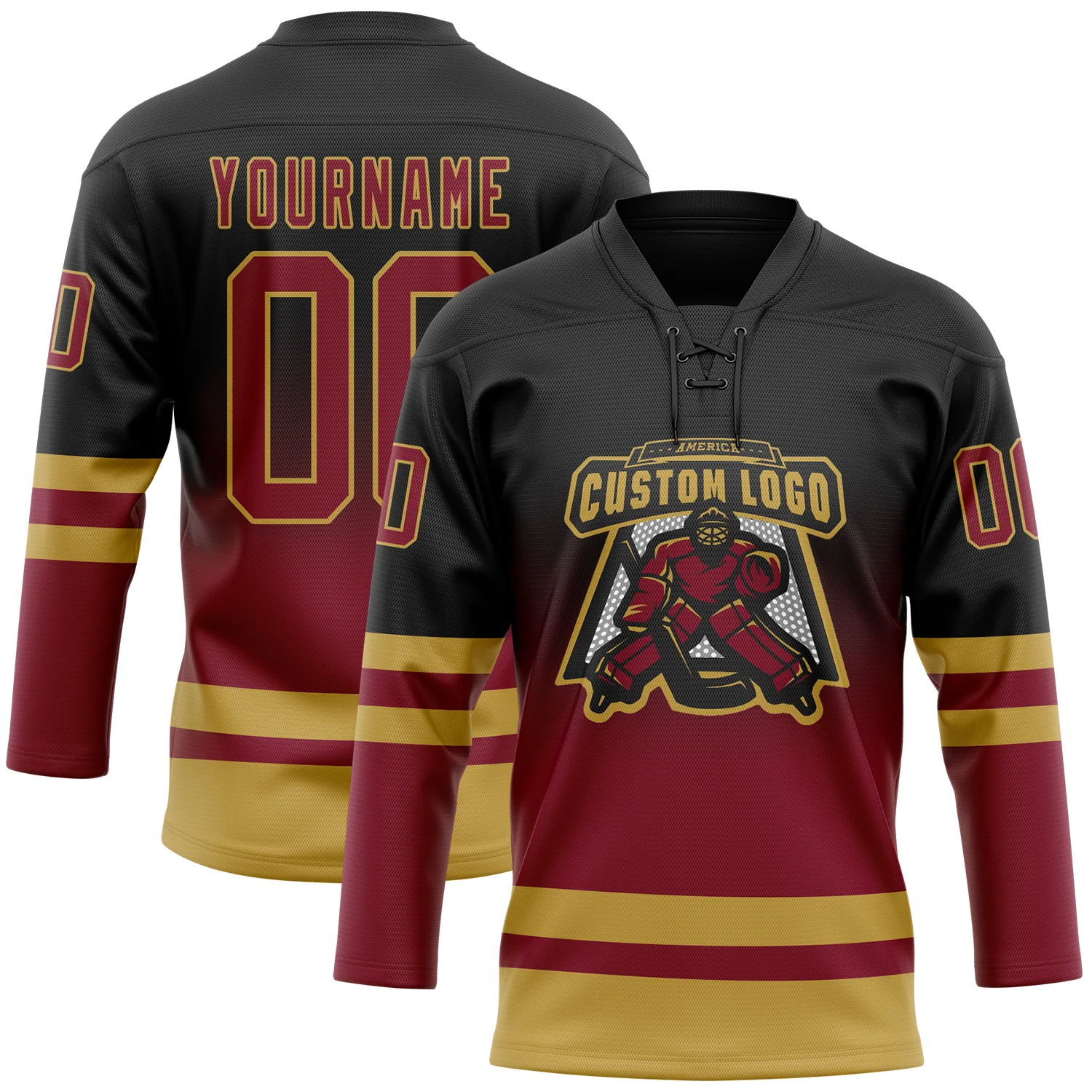 Custom Black Crimson-Old Gold Fade Fashion Hockey Lace Neck Jersey