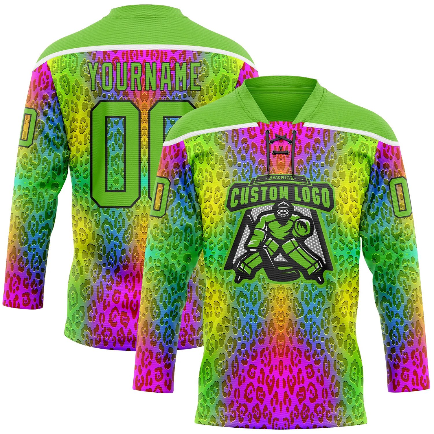 Custom Aurora Green Pink Black-White 3D Pattern Leopard Print Neon Hockey Lace Neck Jersey