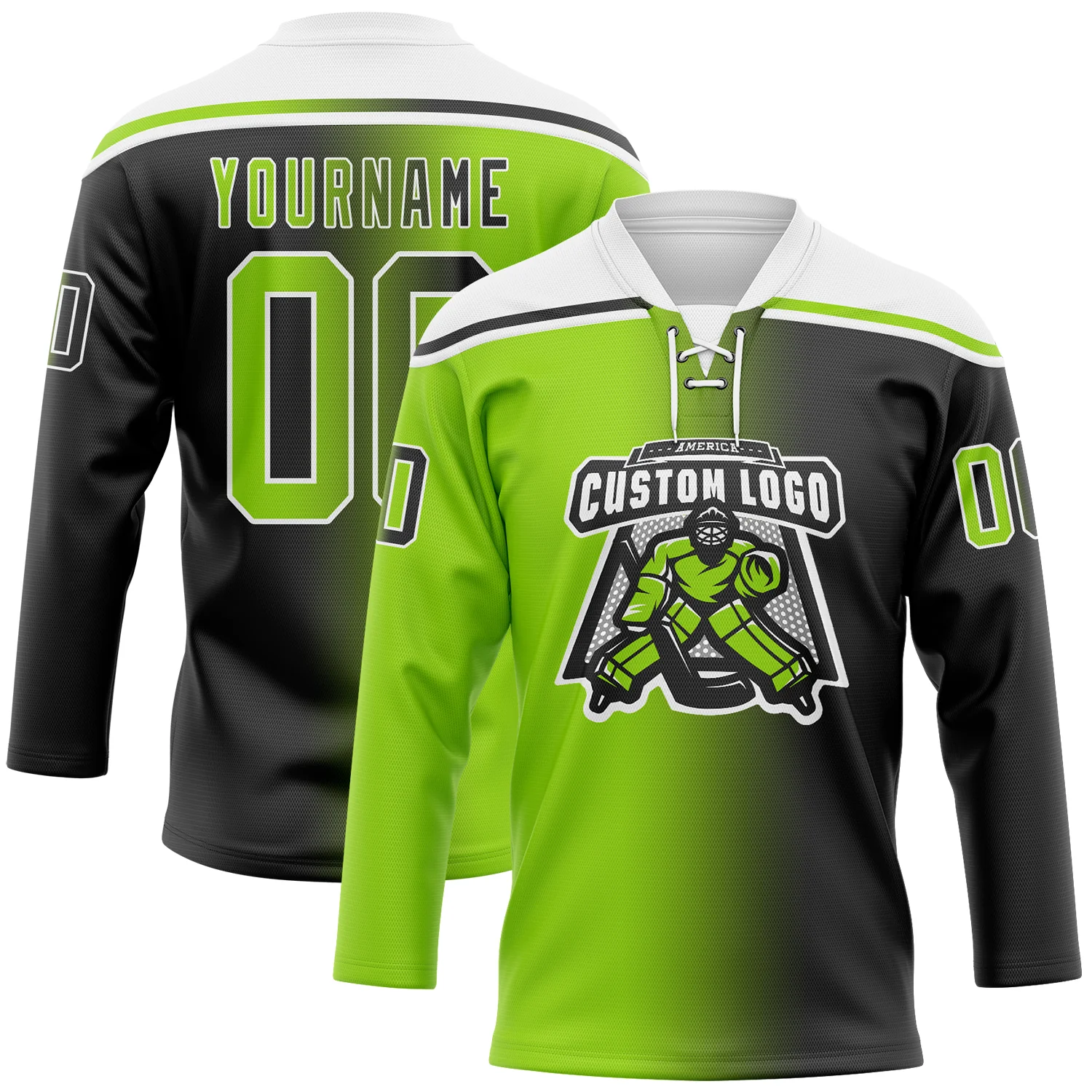 Custom Black Neon Green-White Gradient Fashion Hockey Lace Neck Jersey