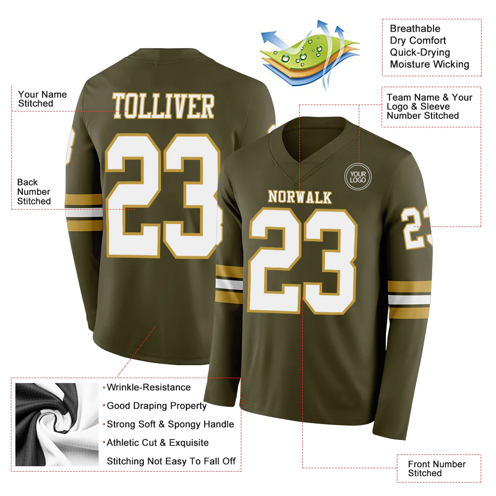 Custom Olive White-Old Gold Long Sleeve Salute To Service Authentic Football Jersey