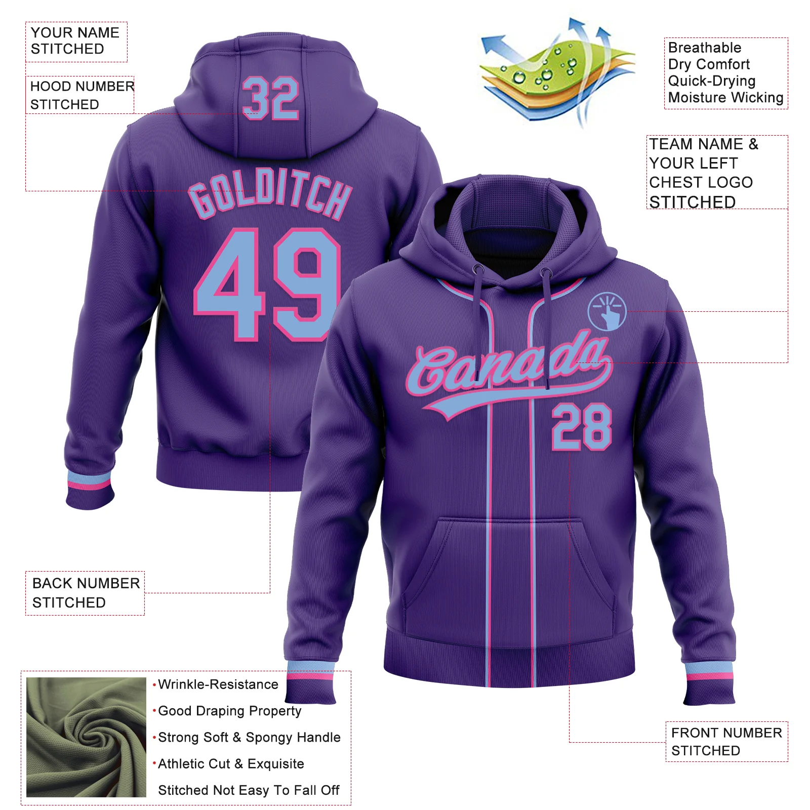 Custom Stitched Purple Light Blue-Pink Baseball Pullover Sweatshirt Hoodie