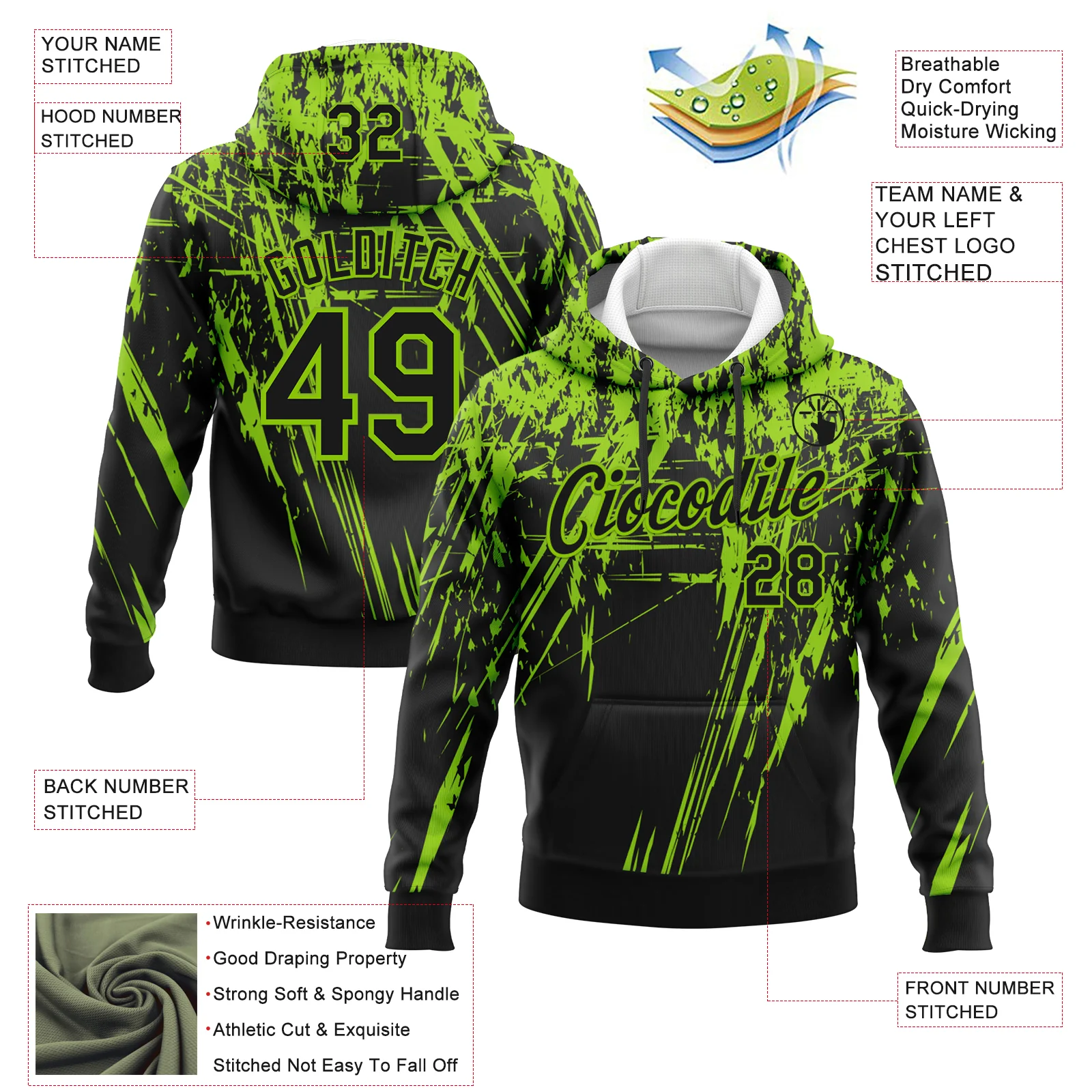 Custom Stitched Black Neon Green 3D Pattern Design Splash Grunge Art Sports Pullover Sweatshirt Hoodie