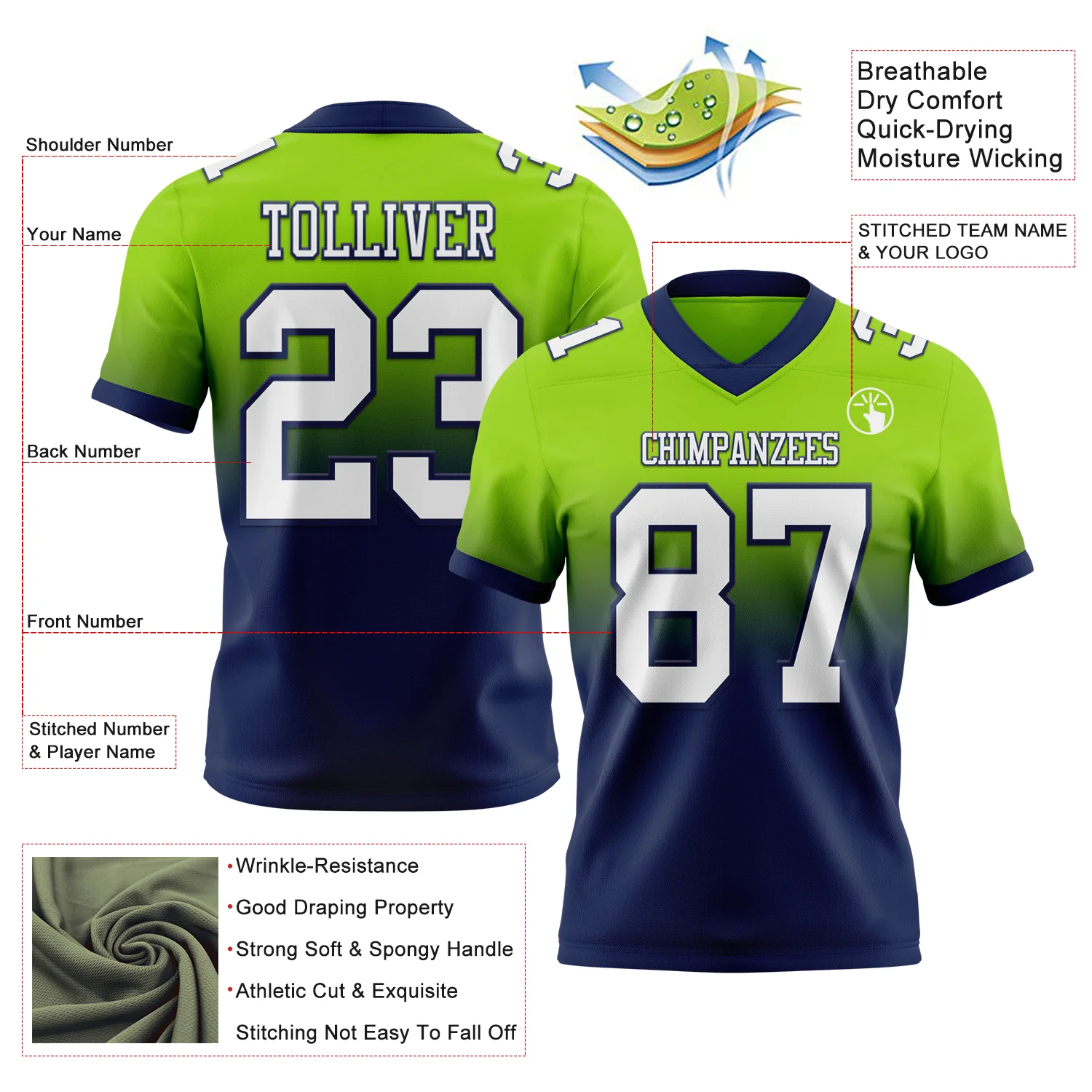 Custom Neon Green White-Navy Authentic Fade Fashion Football Jersey